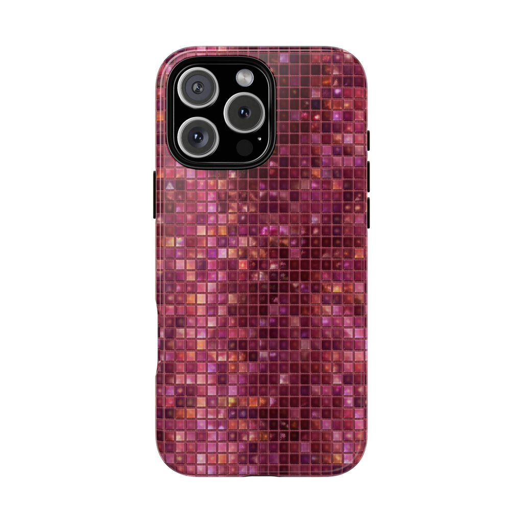 Plum mosaic phone case with grid pattern and camera cutouts, glossy look