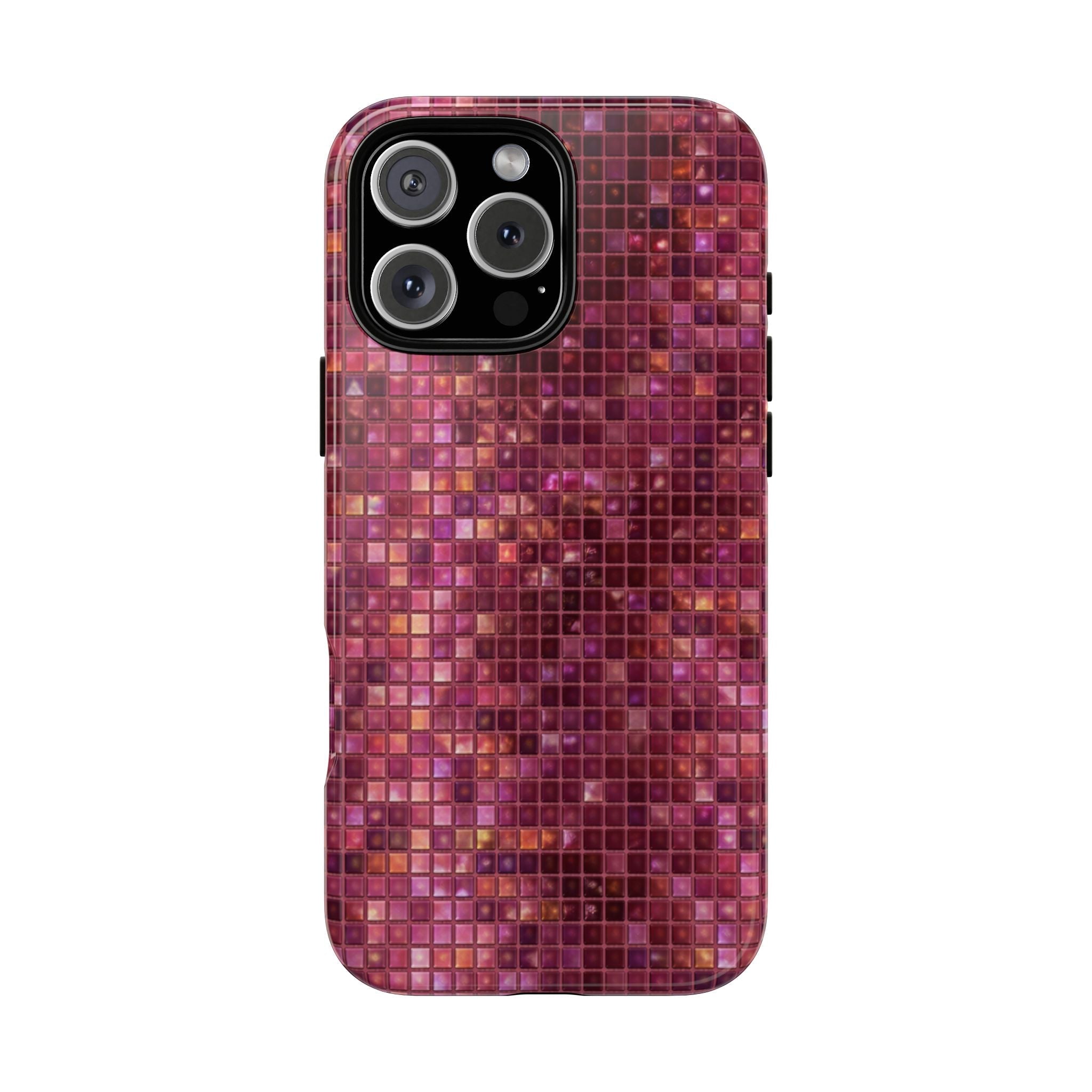 Plum mosaic phone case with grid pattern and camera cutouts, glossy look