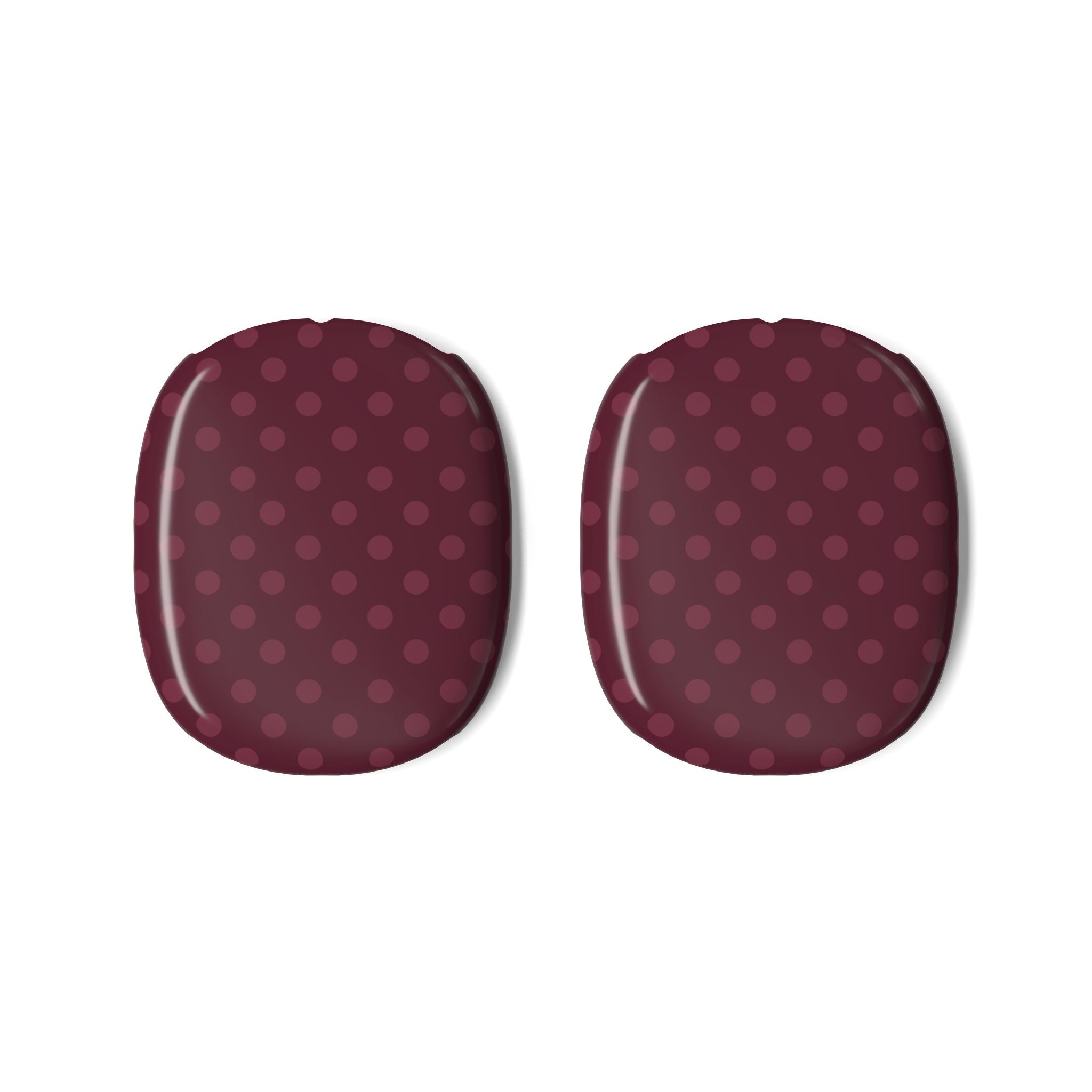 Plum polka-dot ear cup covers, front view of two hard shells