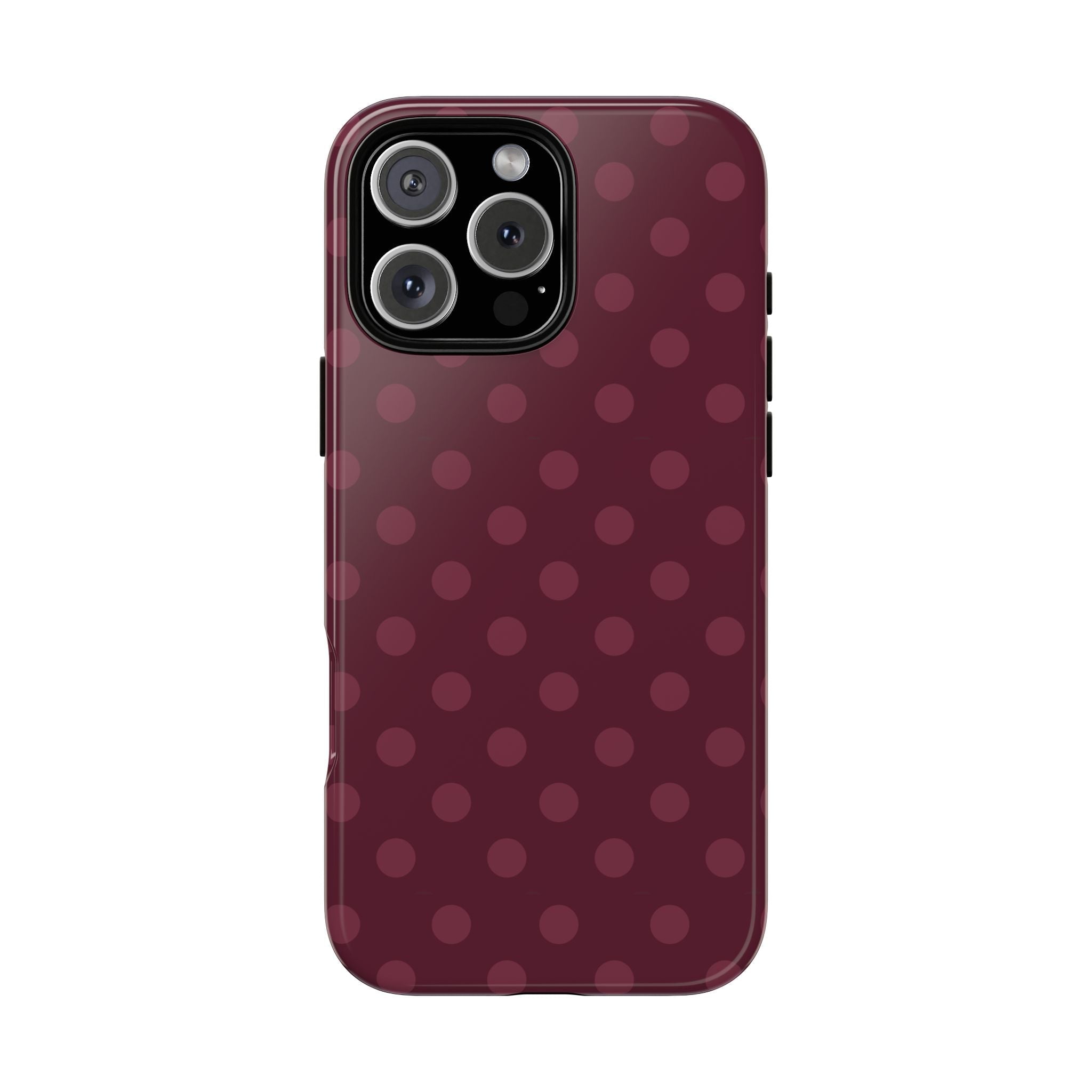 Plum polka dot phone case with circular pattern, covers back and camera cutout