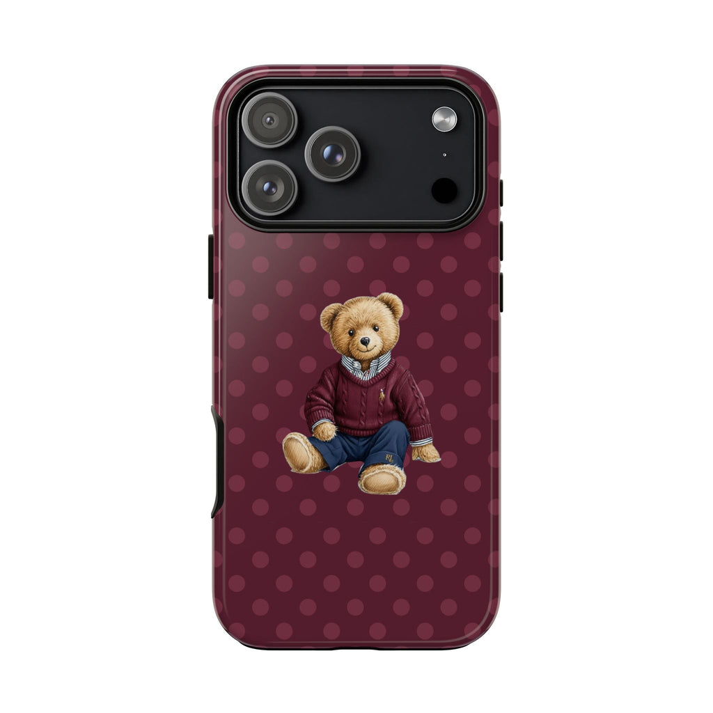 Plum polka dot teddy bear phone case, camera module visible at top