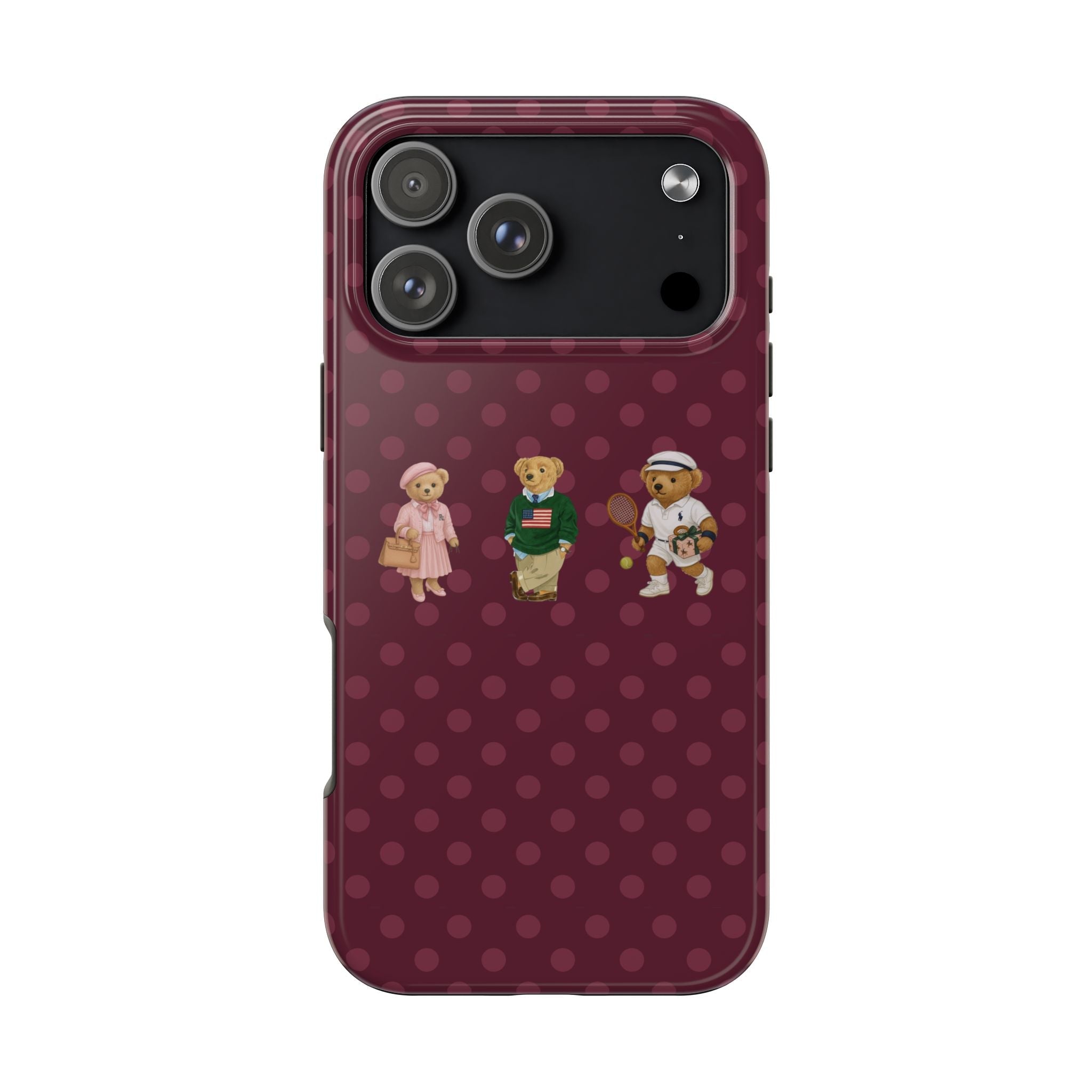 Plum polka dot phone case with teddy bear characters, raised camera cutouts