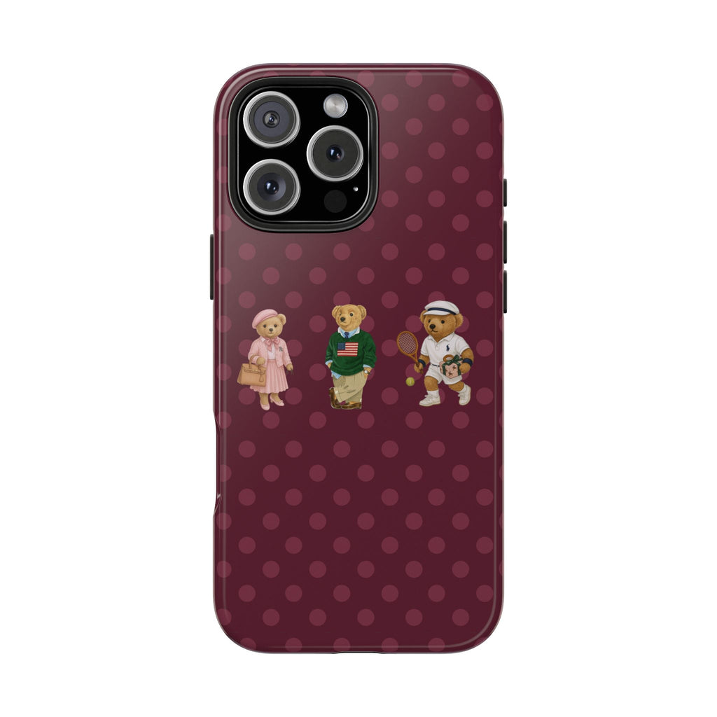 Plum polka dot teddy bear phone case, full back view with camera module opening