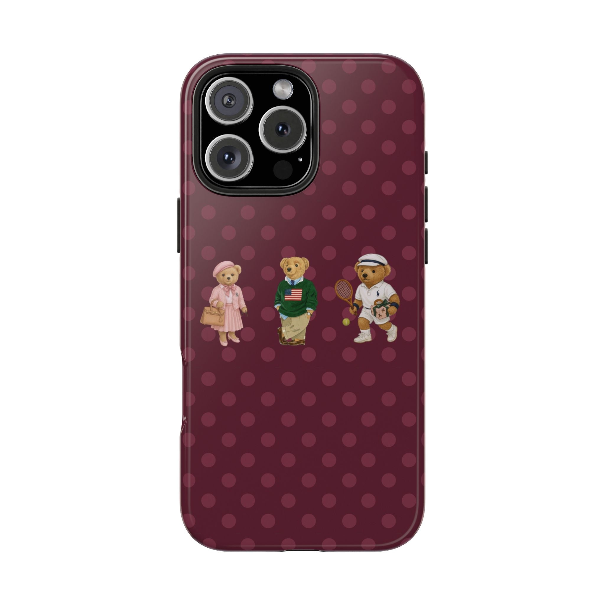 Plum polka dot teddy bear phone case, full back view with camera module opening