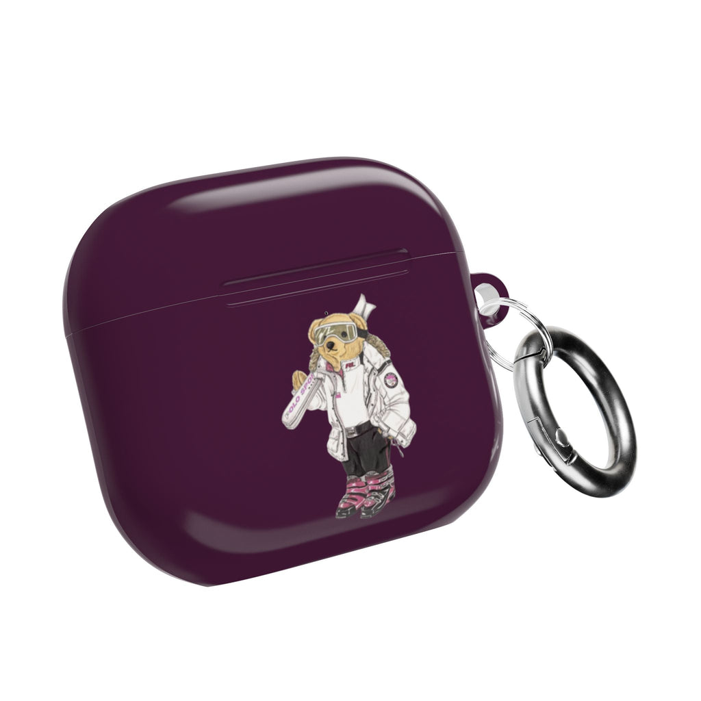 Plum AirPods case side view, astronaut teddy bear decal and attached metal keyring