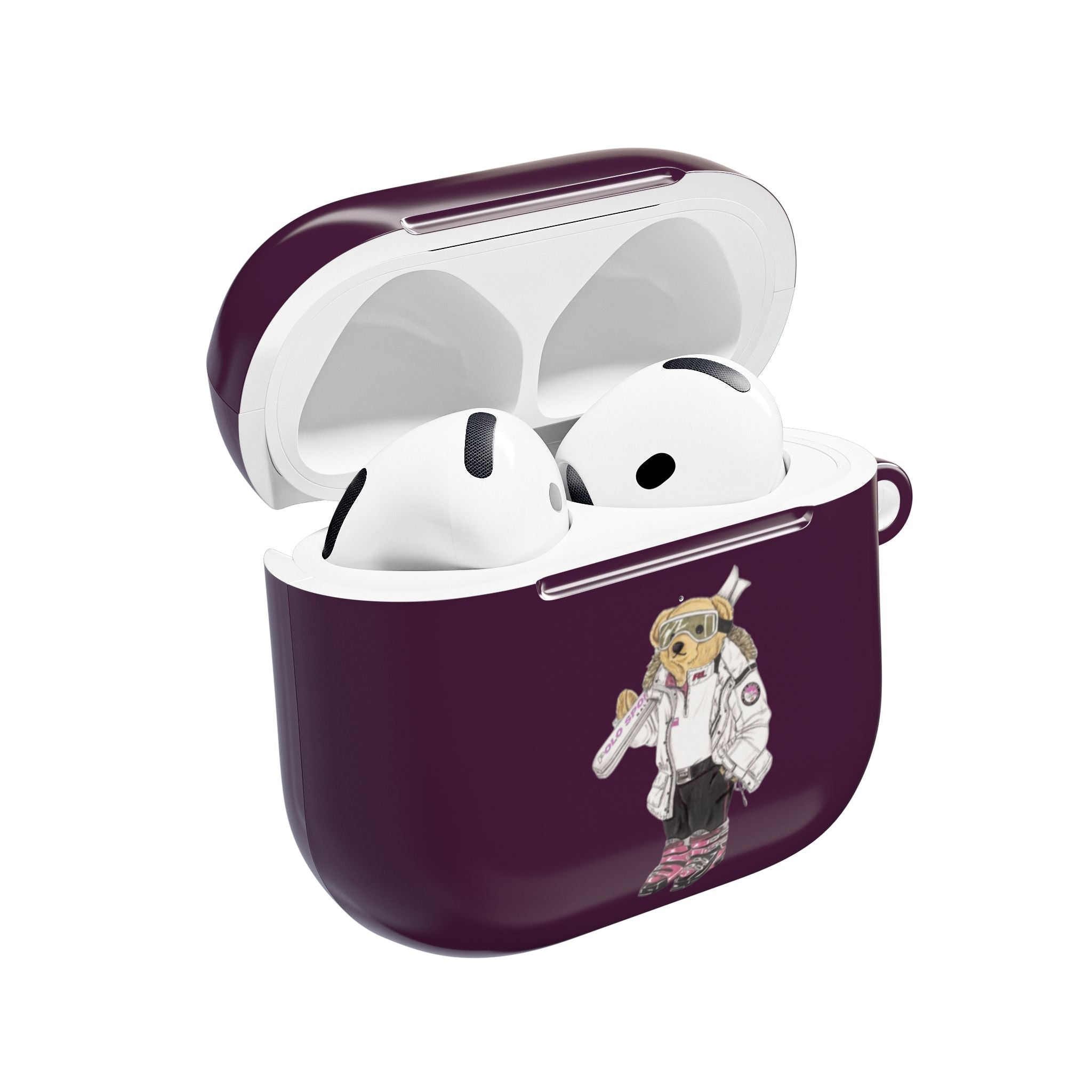 Plum AirPods case with cartoon astronaut teddy bear, open lid with white earbuds inside
