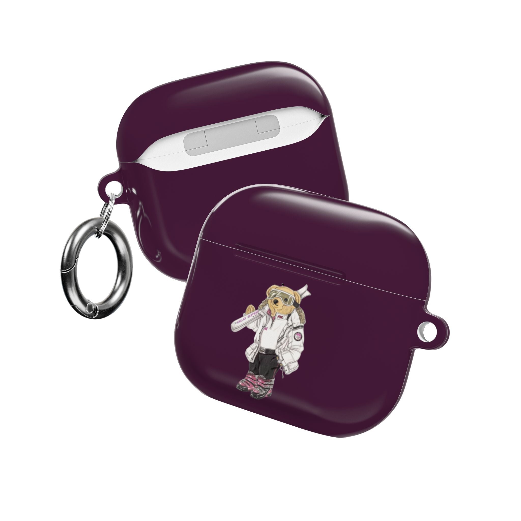 Plum AirPods case front with astronaut teddy bear graphic and metal keyring loop