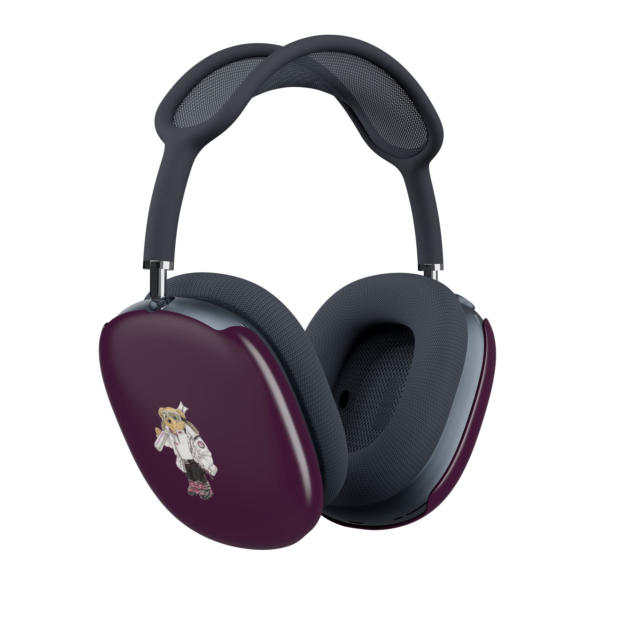 AirPods Max headphones with plum earcup covers featuring skier polo bear logo