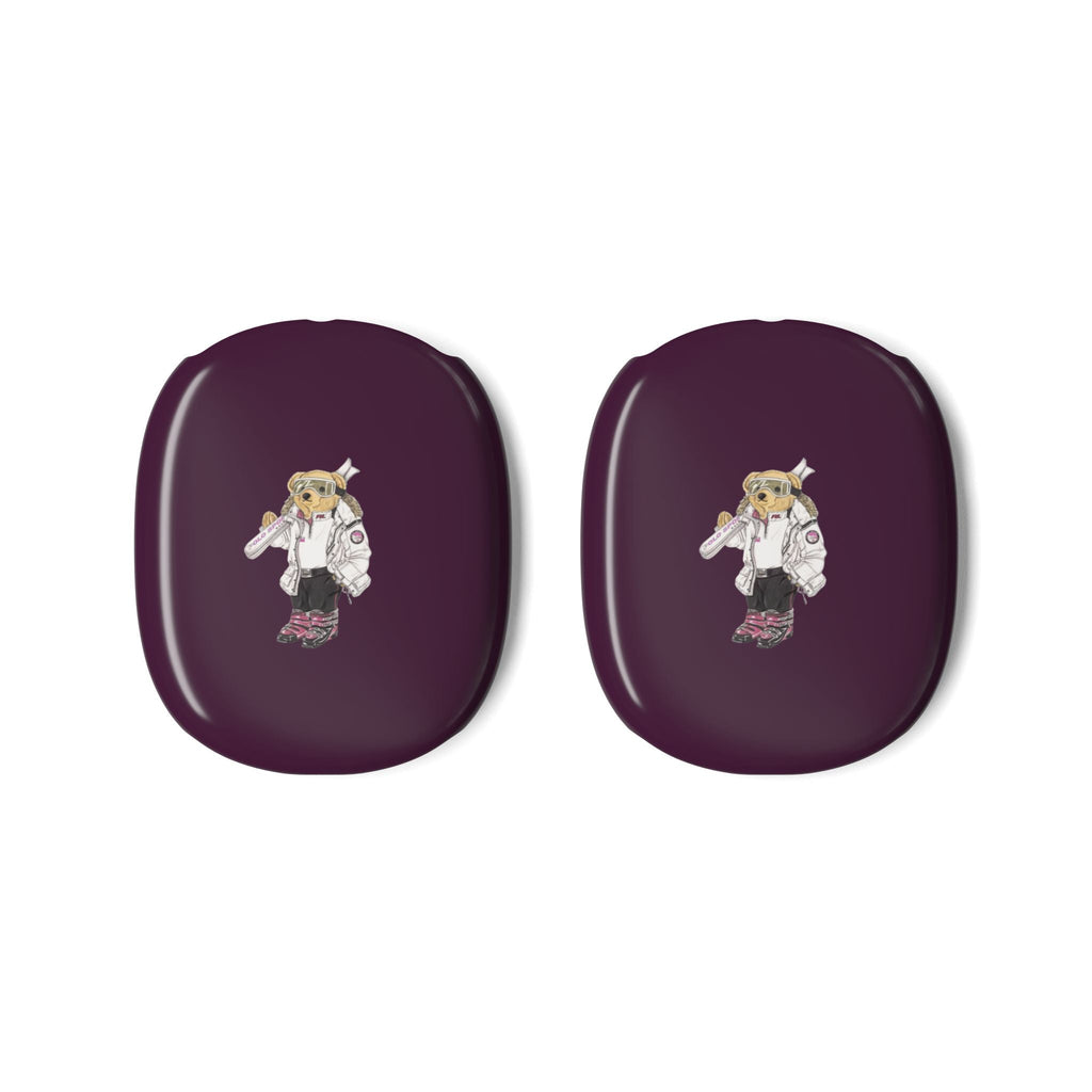 Pair of plum earcup covers for AirPods Max, each with skier polo bear emblem