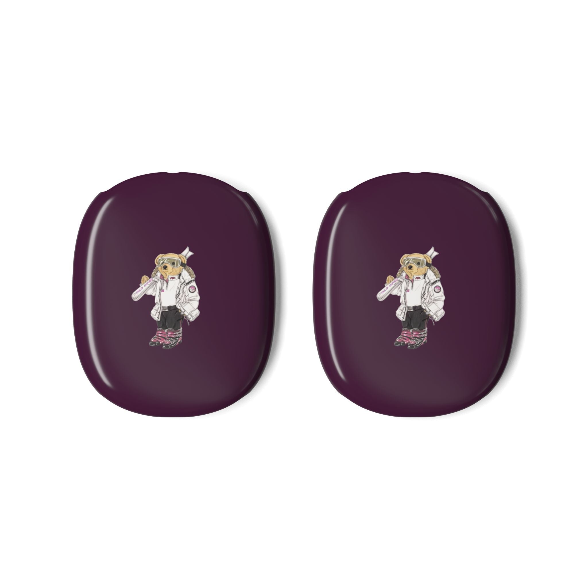 Pair of plum earcup covers for AirPods Max, each with skier polo bear emblem