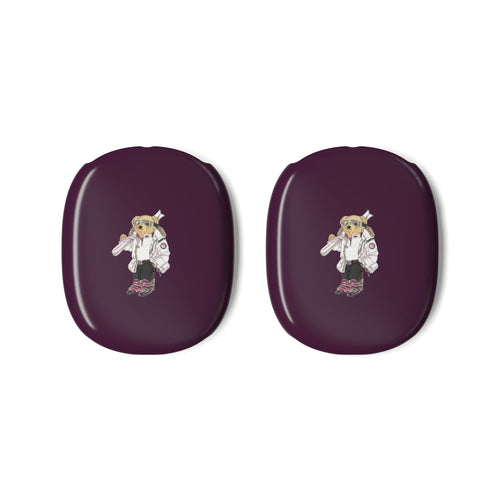 Pair of plum earcup covers for AirPods Max, each with skier polo bear emblem