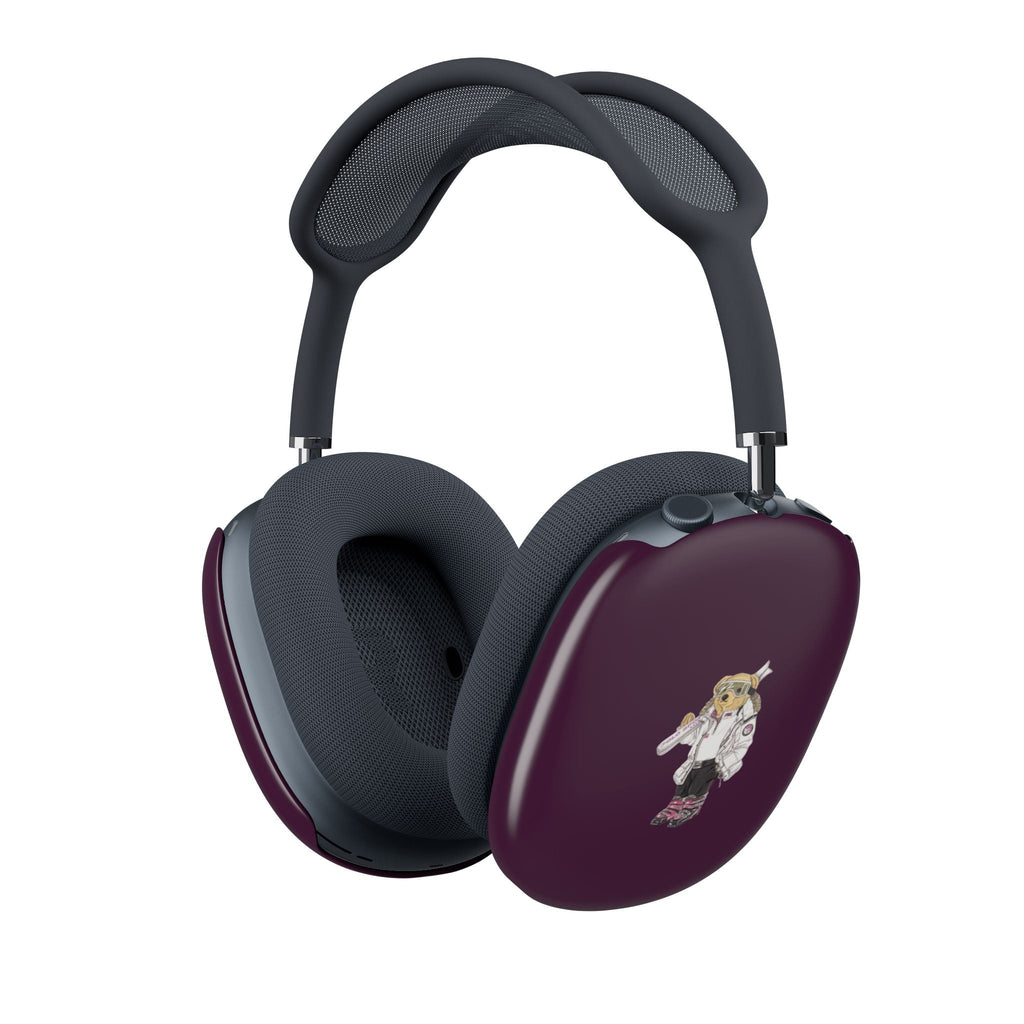 Plum AirPods Max case covers with skier polo bear graphic on earcups