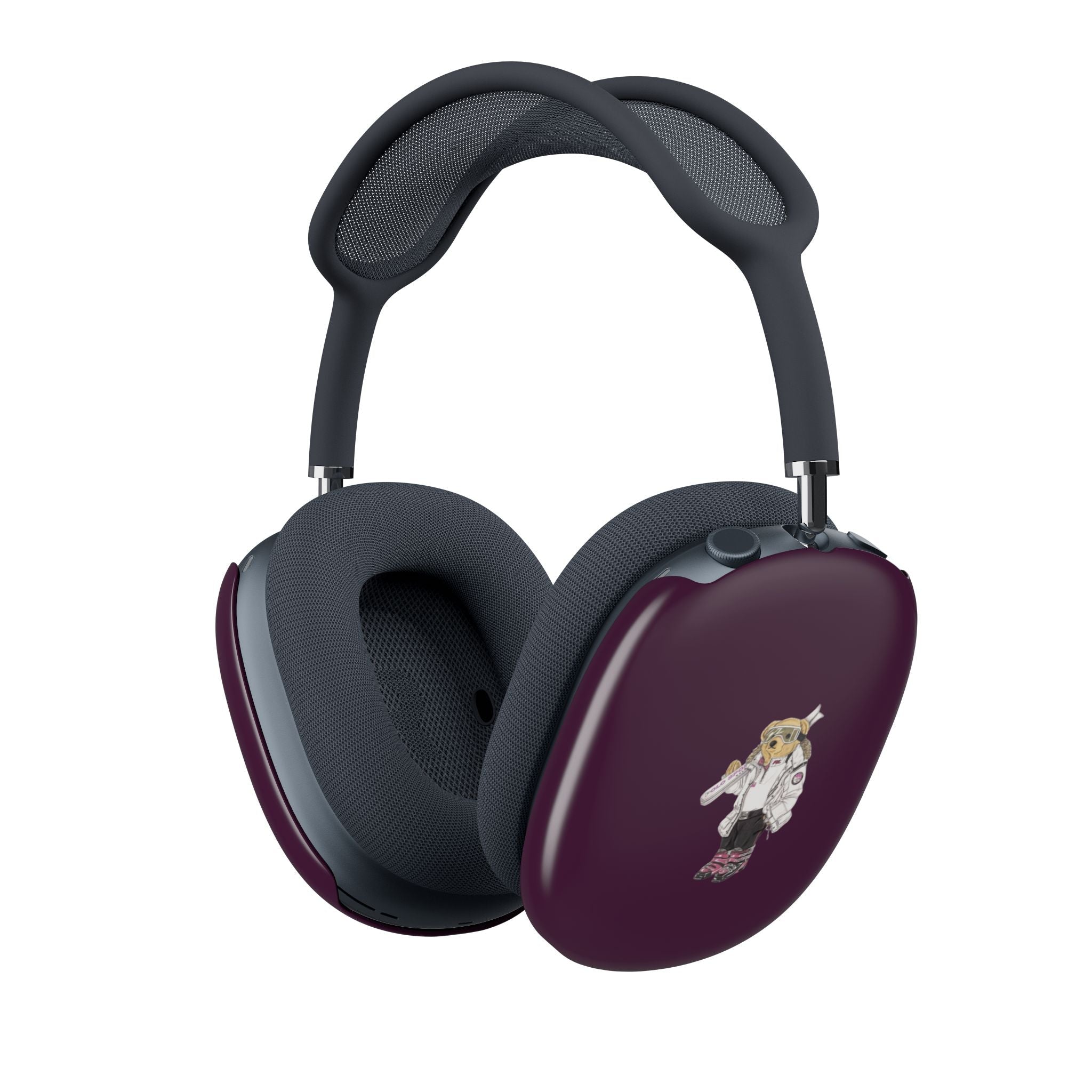 Plum AirPods Max case covers with skier polo bear graphic on earcups