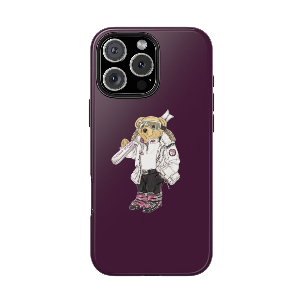 Plum purple phone case with astronaut teddy bear graphic and triple camera cutout