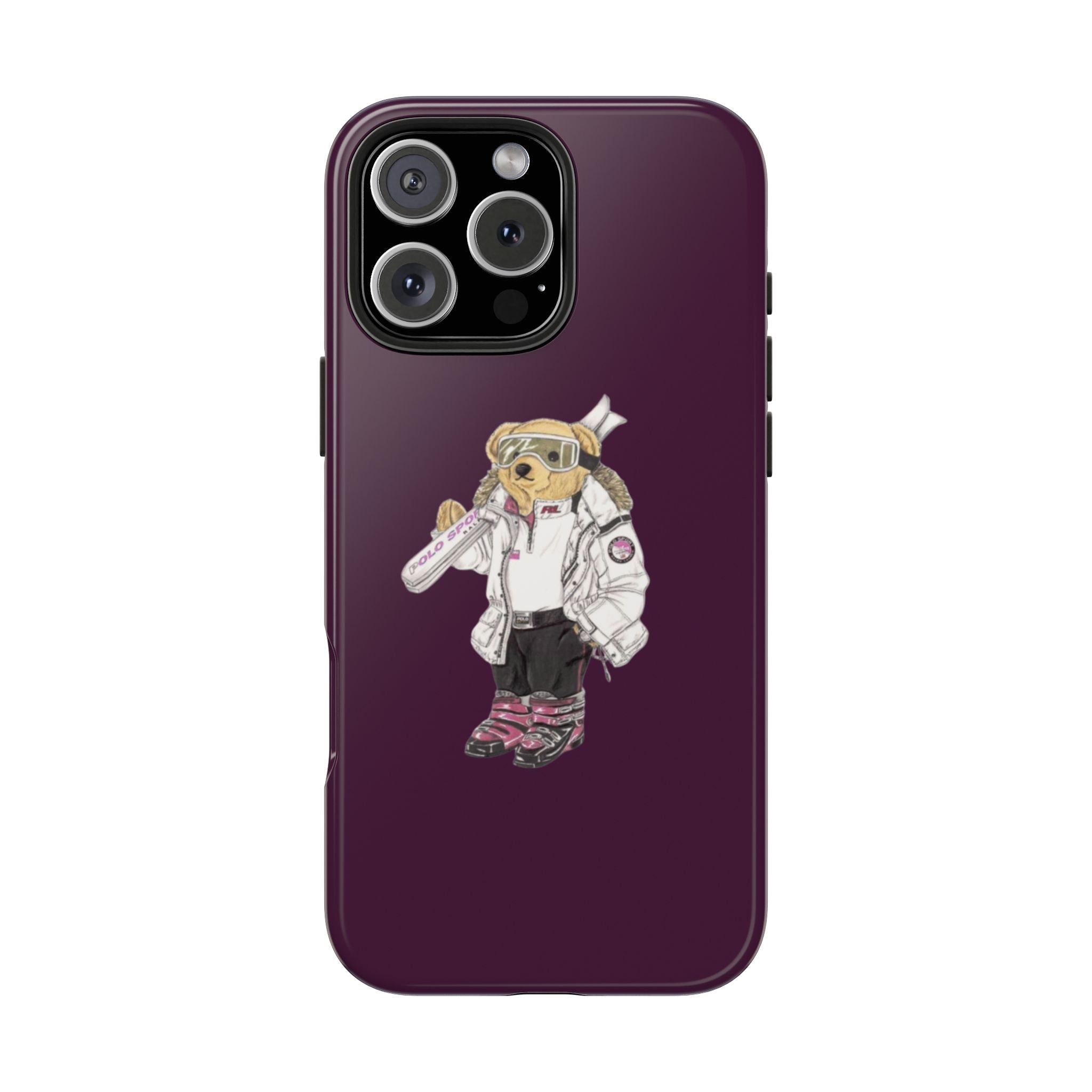 Plum purple phone case with astronaut teddy bear graphic and triple camera cutout
