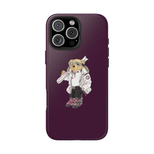 Plum purple phone case with astronaut teddy bear graphic and triple camera cutout