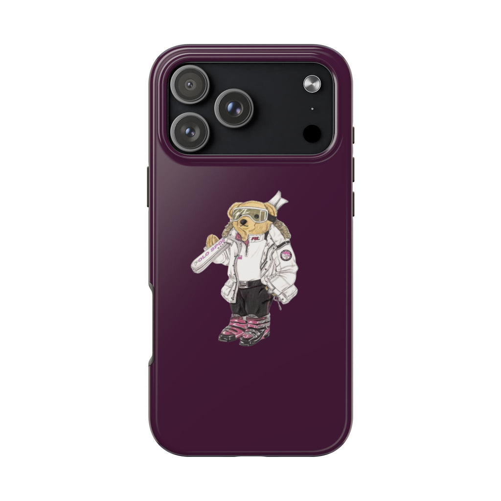 Plum purple phone case with astronaut teddy bear holding ski pole graphic
