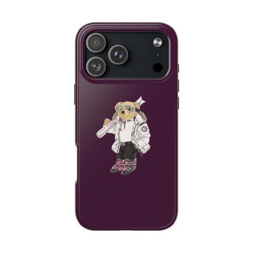 Plum purple phone case with astronaut teddy bear holding ski pole graphic
