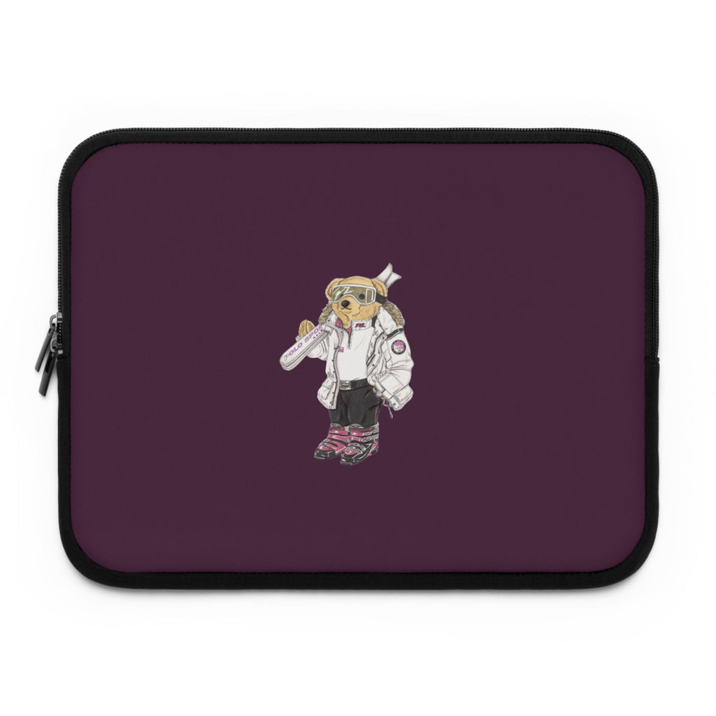 Plum zippered neoprene sleeve with black edge and embroidered ski teddy bear motif