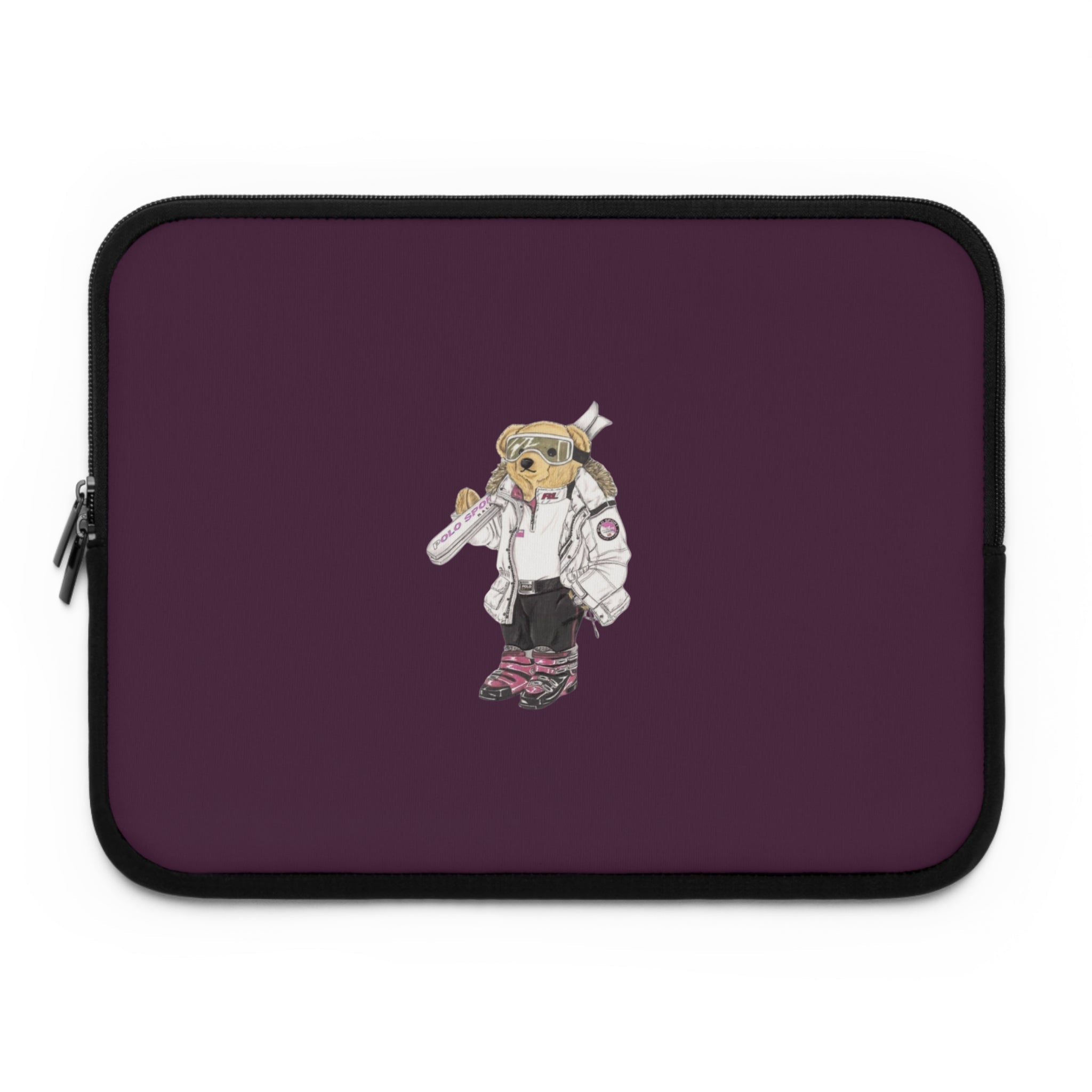 Plum zippered neoprene sleeve with black edge and embroidered ski teddy bear motif