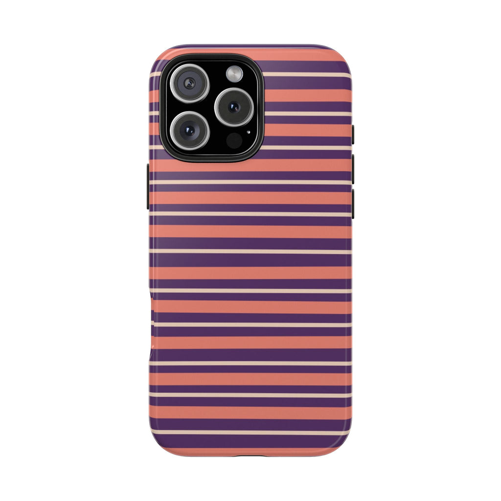Phone case with plum and purple horizontal stripes, camera cutouts and raised edges