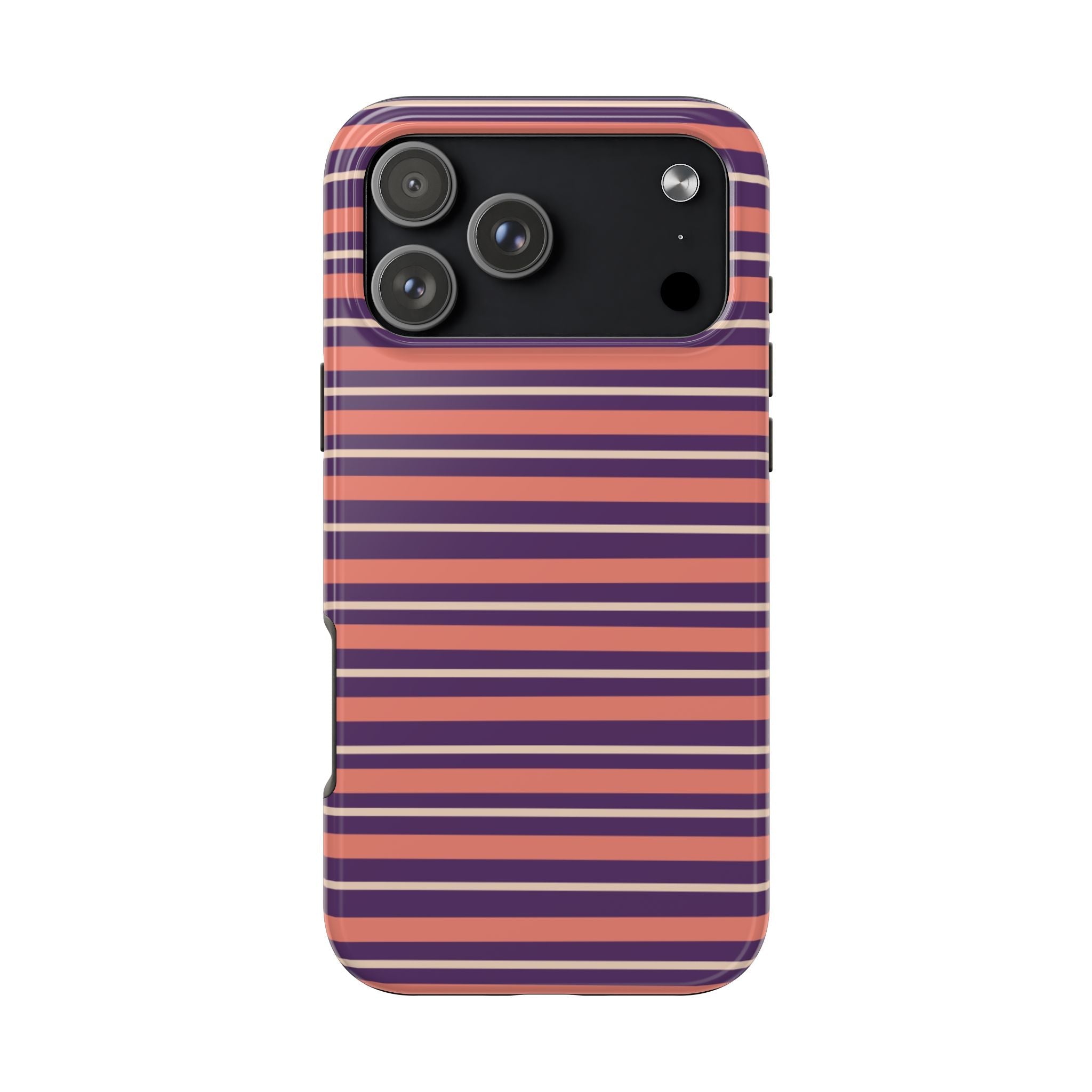 Back of plum striped phone case with dual-tone orange and purple bands, camera lenses