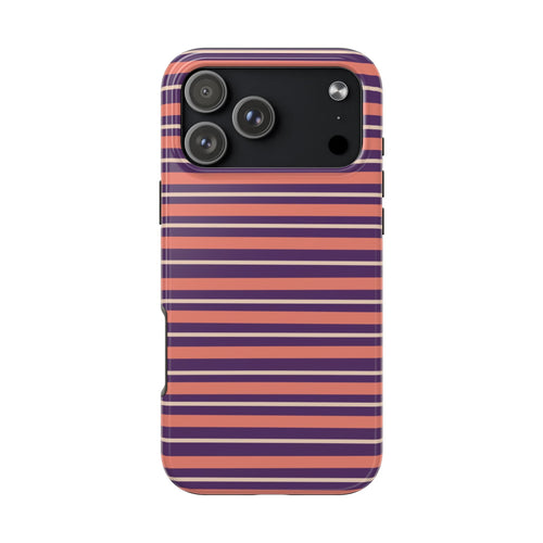 Back of plum striped phone case with dual-tone orange and purple bands, camera lenses