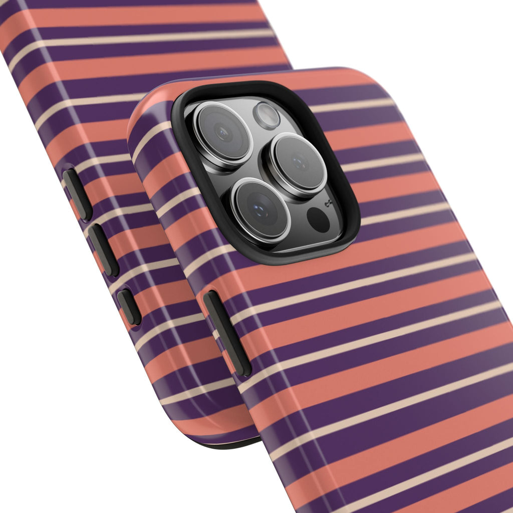 Plum striped phone case at angle, showing side buttons and triple camera cutout