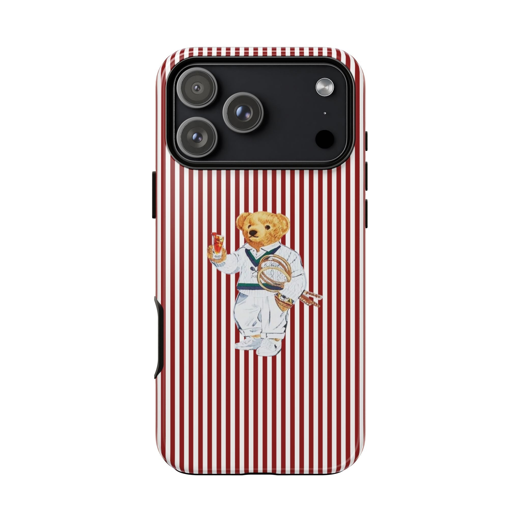 Red and white striped phone case with teddy tennis bear graphic on back