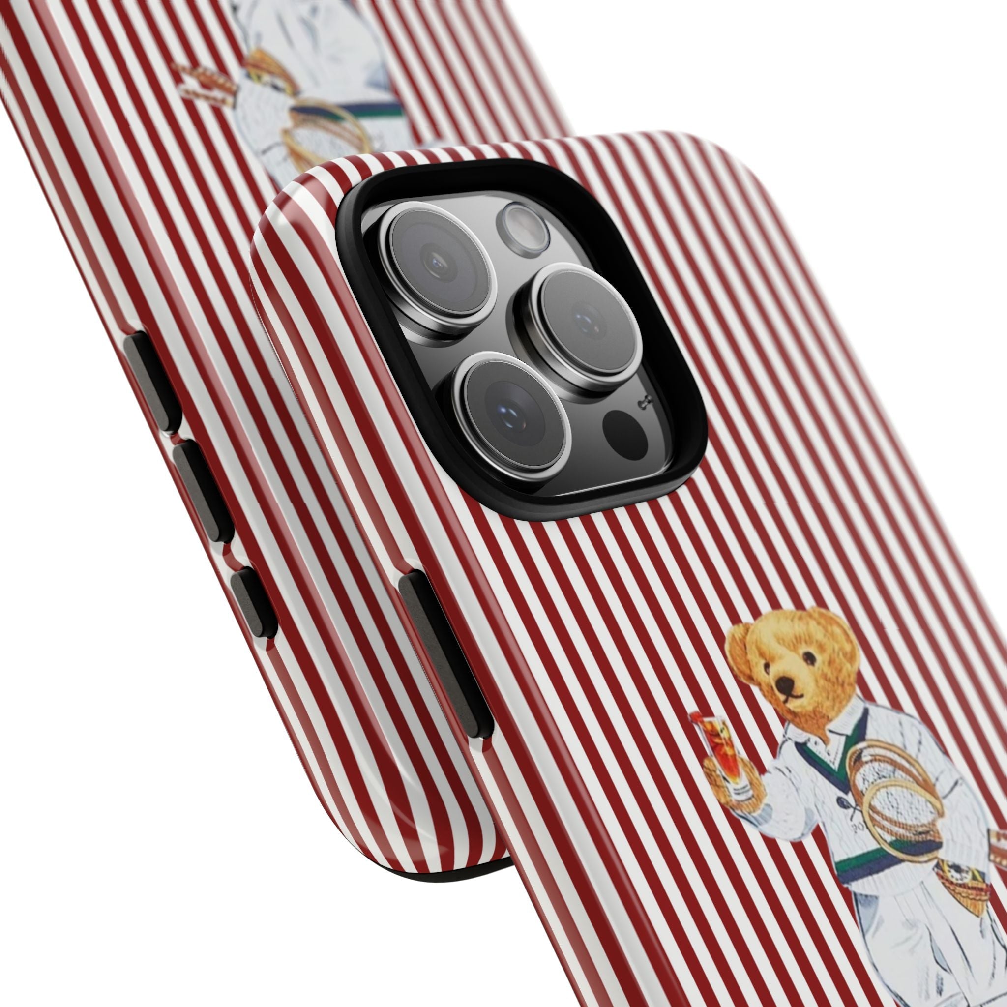 Red/white striped phone case with teddy tennis bear graphic, side buttons visible