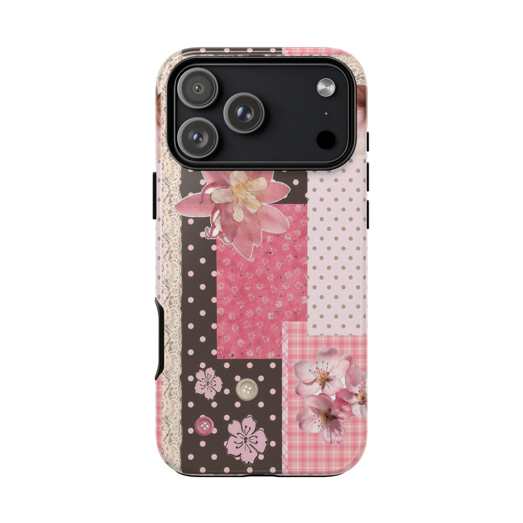 Pink, purple and white patchwork phone case with polka dots and floral accents