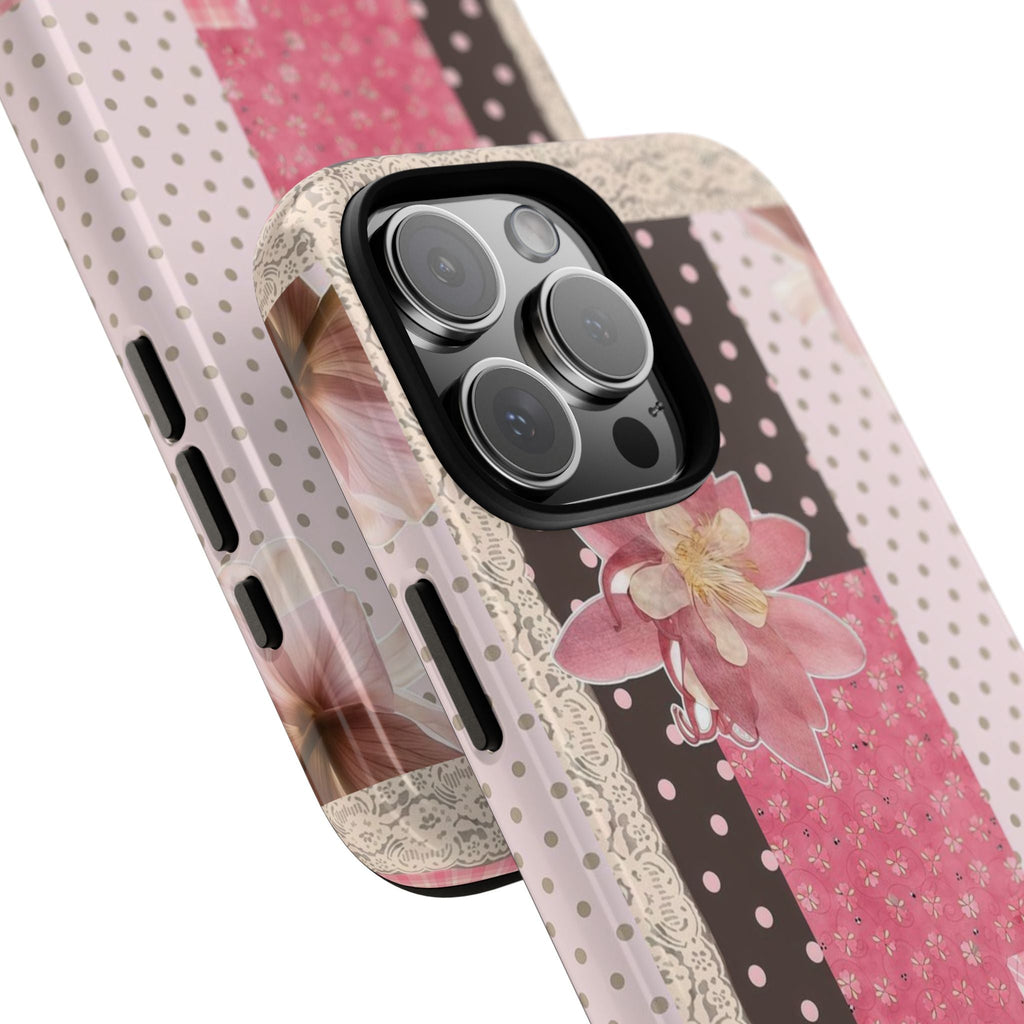 Angled view of pink polka dot floral patchwork phone case with camera cutouts