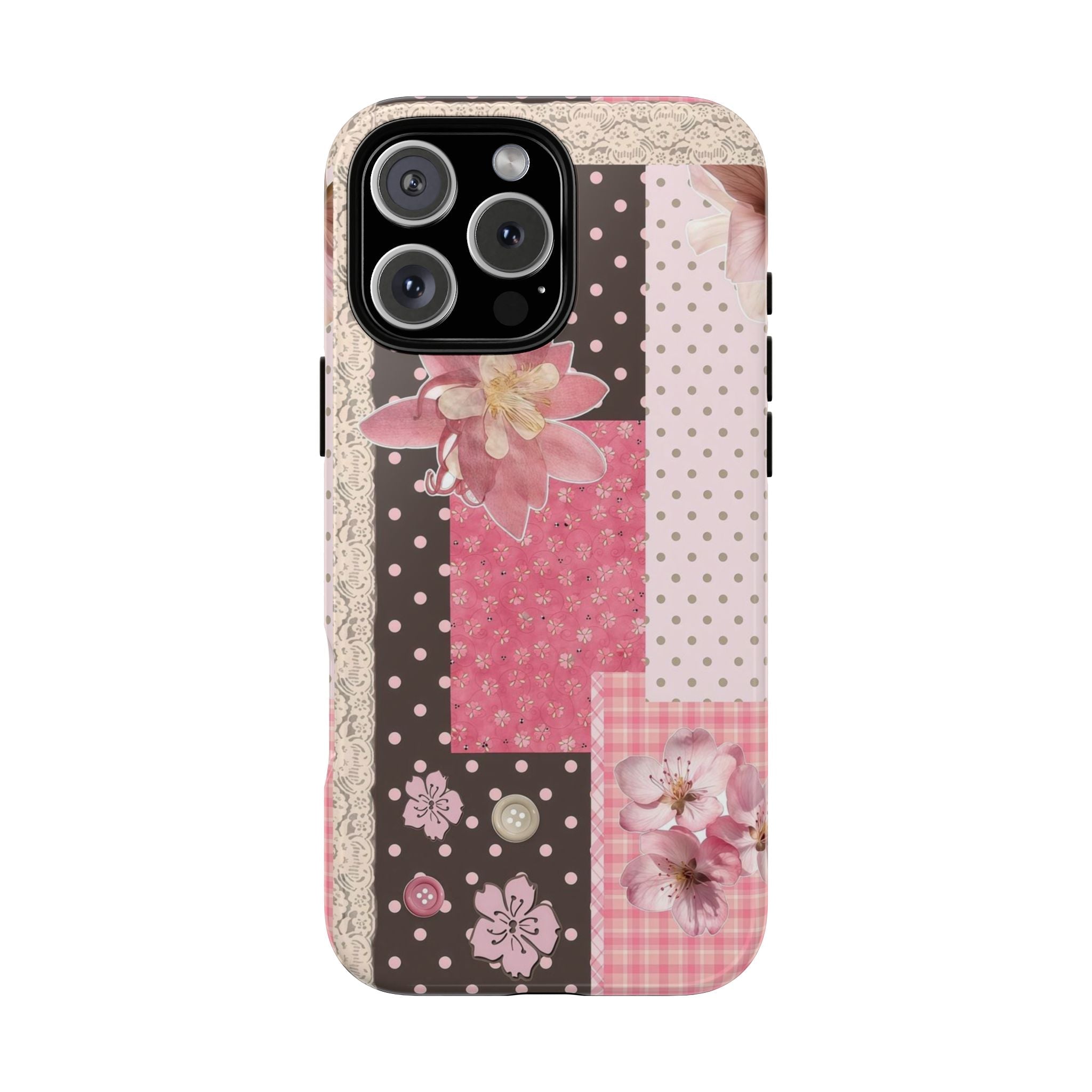 Patchwork phone case with pink flowers, polka dots, and gingham panels
