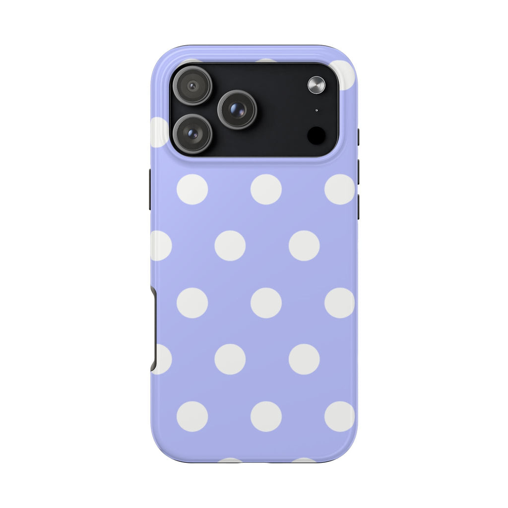 Light purple phone case with white polka dots and camera cutout