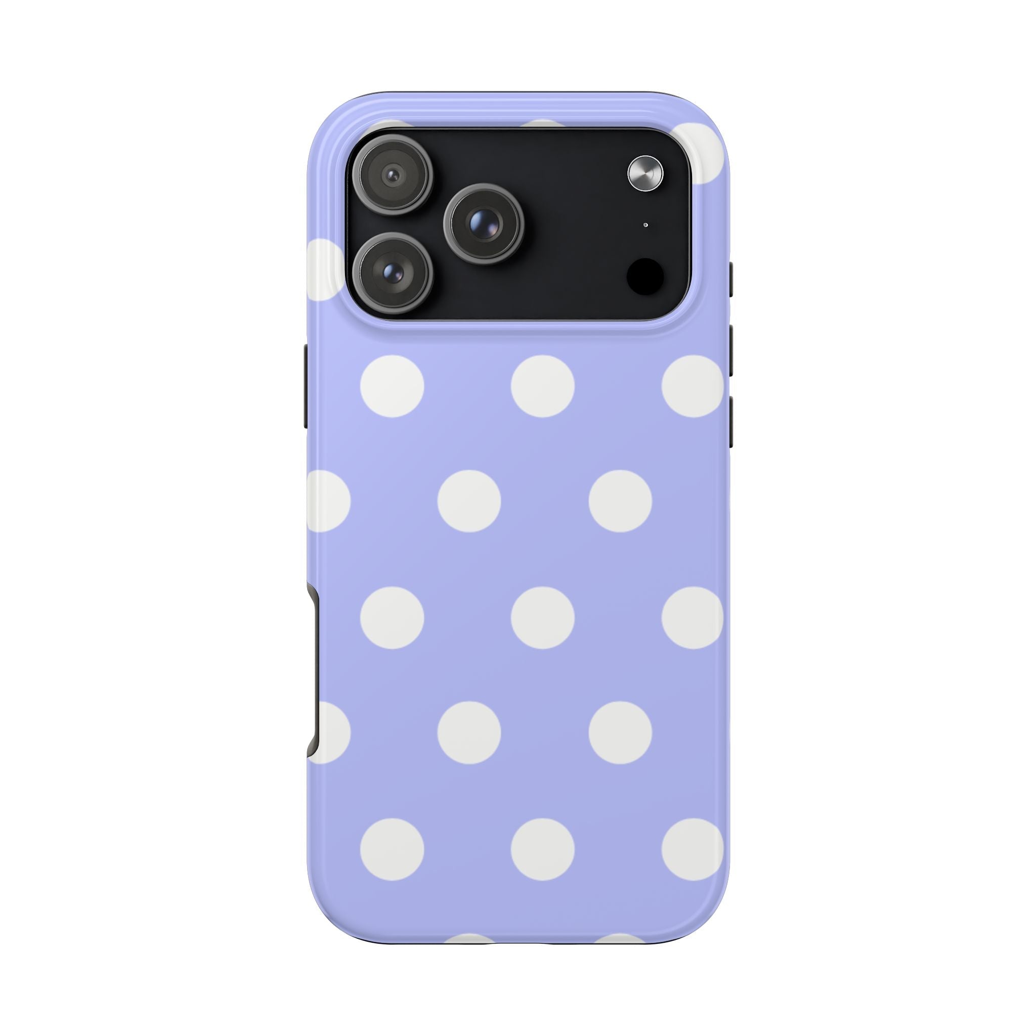 Light purple phone case with white polka dots and camera cutout