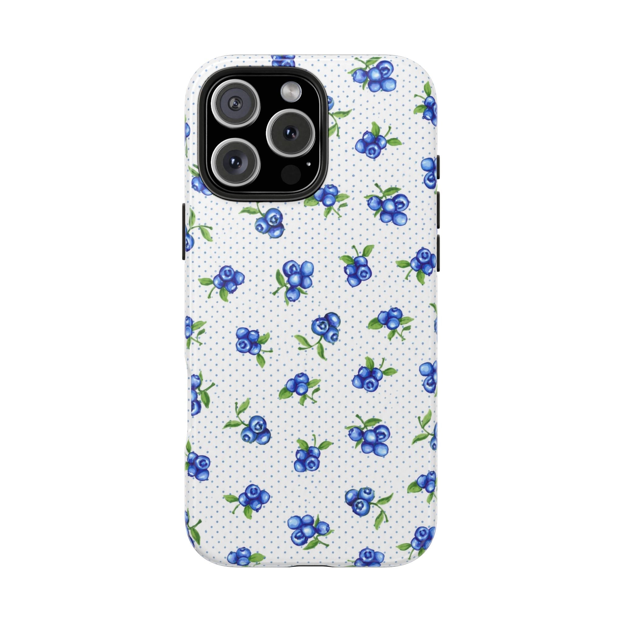 Blueberry phone case front view, blue berries and leaves on white speckled surface