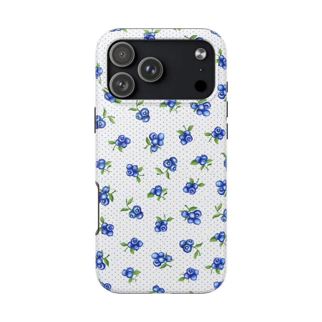 Blueberry phone case with blue berries on white speckled background, smooth edge