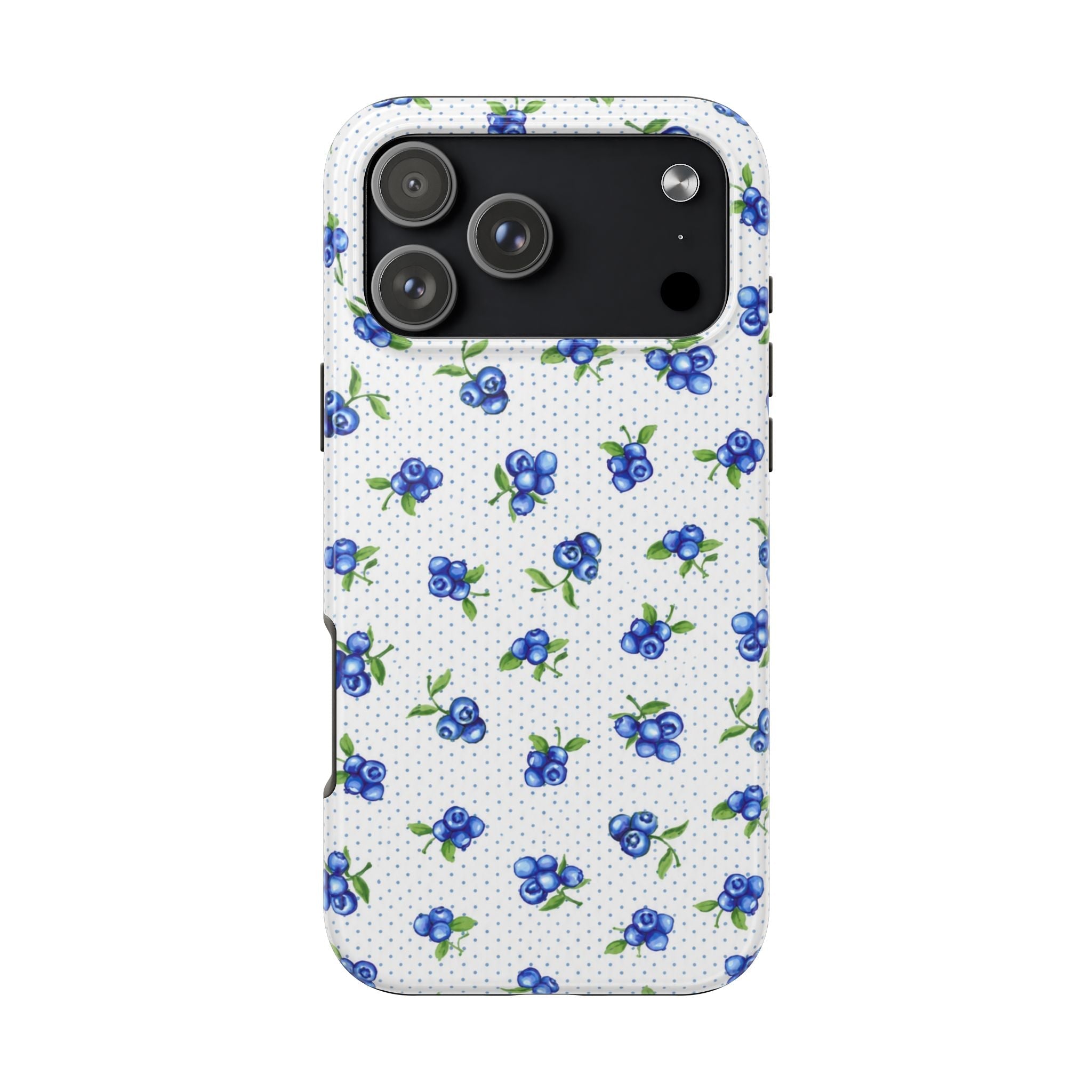 Blueberry phone case with blue berries on white speckled background, smooth edge