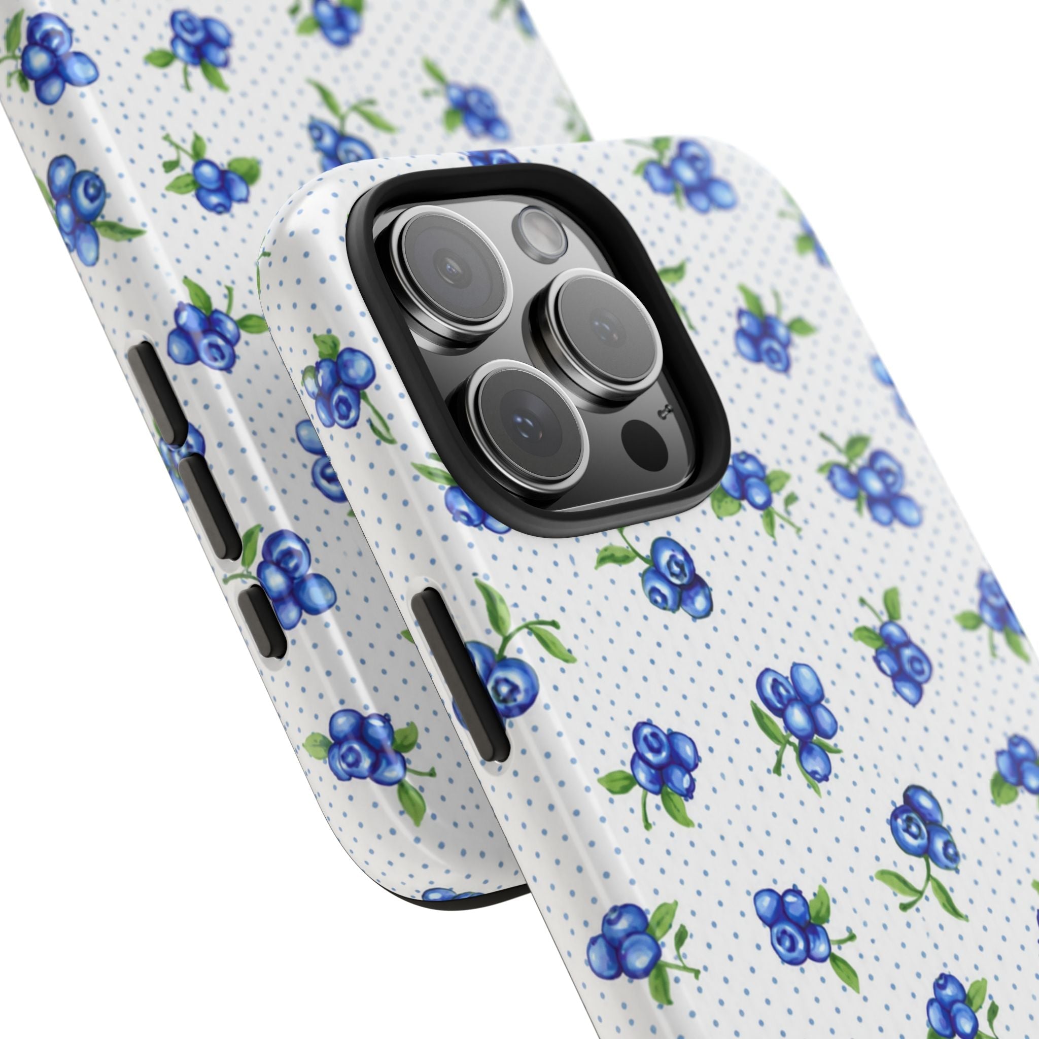 Blueberry phone case angled view, blue berry pattern on white speckled case, camera cutouts