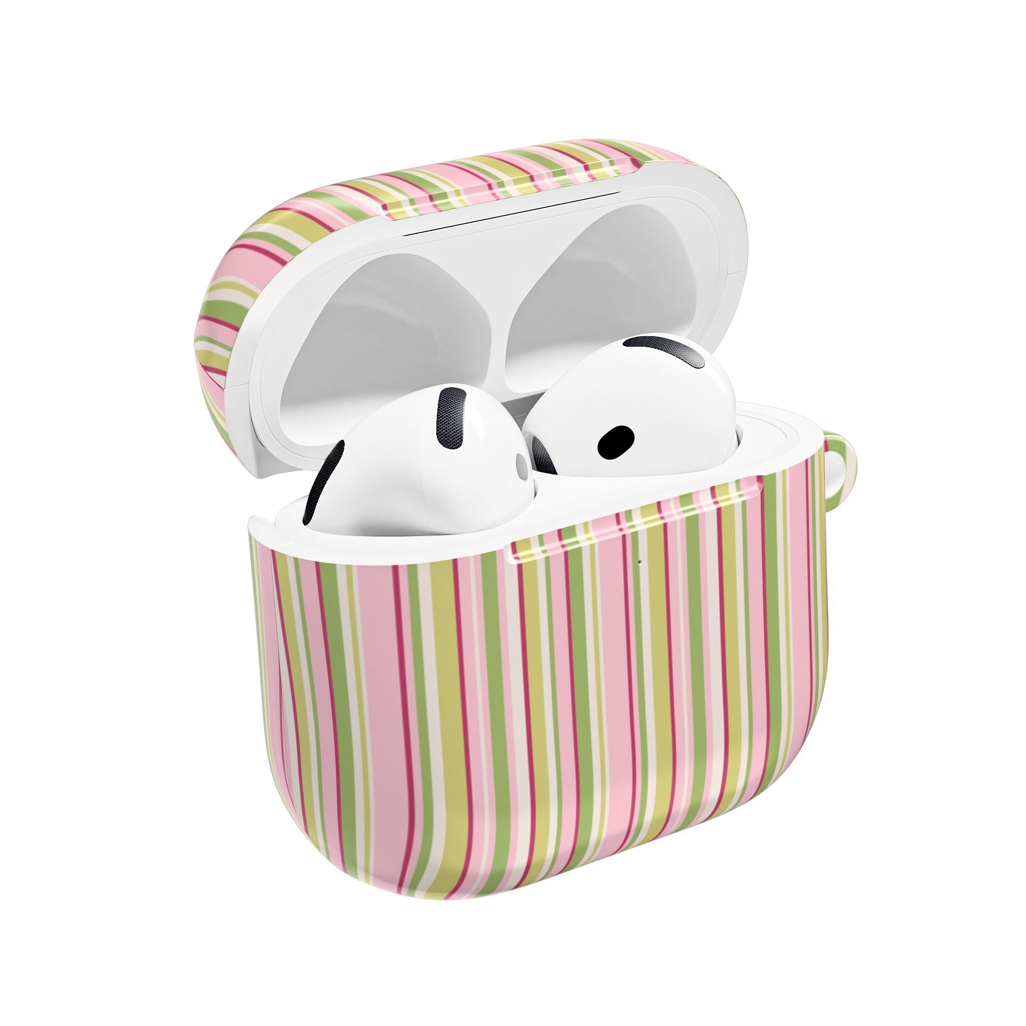 Poppy minimalist striped AirPods case, open view with earbuds inside; white interior.
