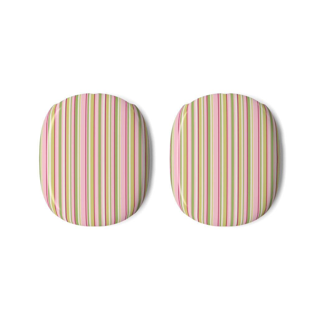Pair of AirPods Max case covers with minimalist vertical stripes in pink, green, and yellow