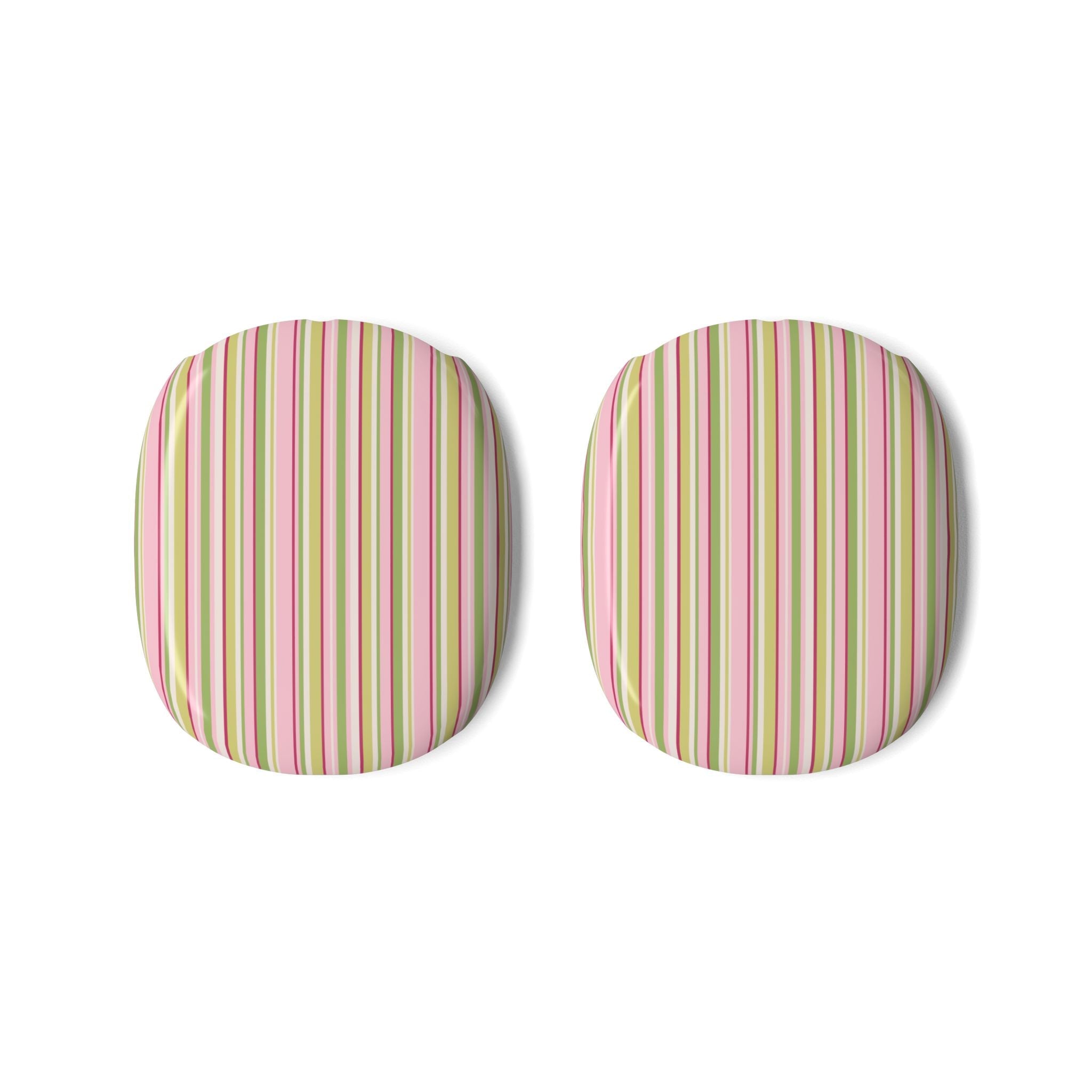 Pair of AirPods Max case covers with minimalist vertical stripes in pink, green, and yellow