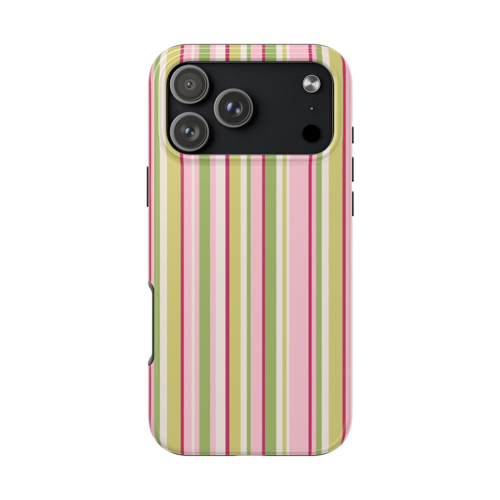 Minimalist striped phone case with pink, green, and yellow vertical stripes and cutouts