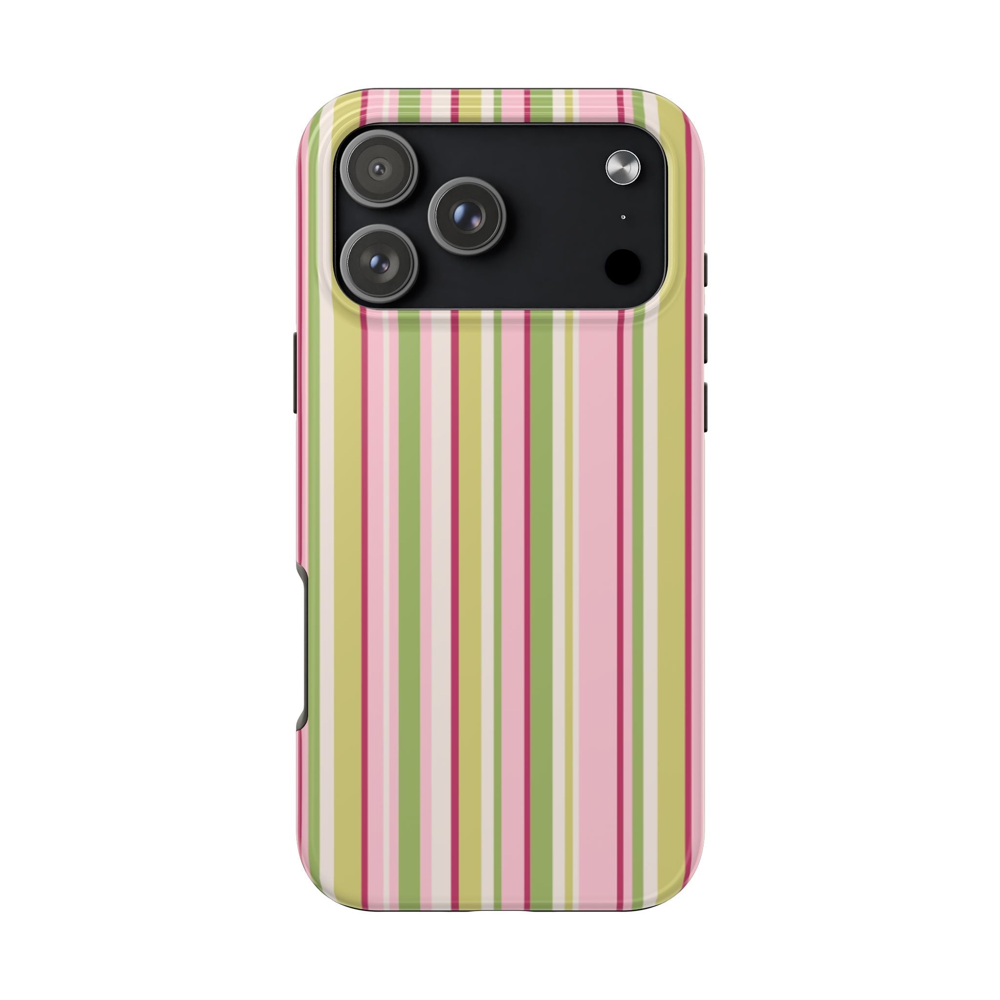 Minimalist striped phone case with pink, green, and yellow vertical stripes and cutouts