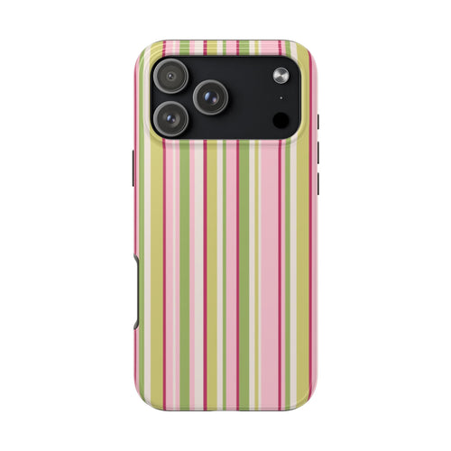 Minimalist striped phone case with pink, green, and yellow vertical stripes and cutouts