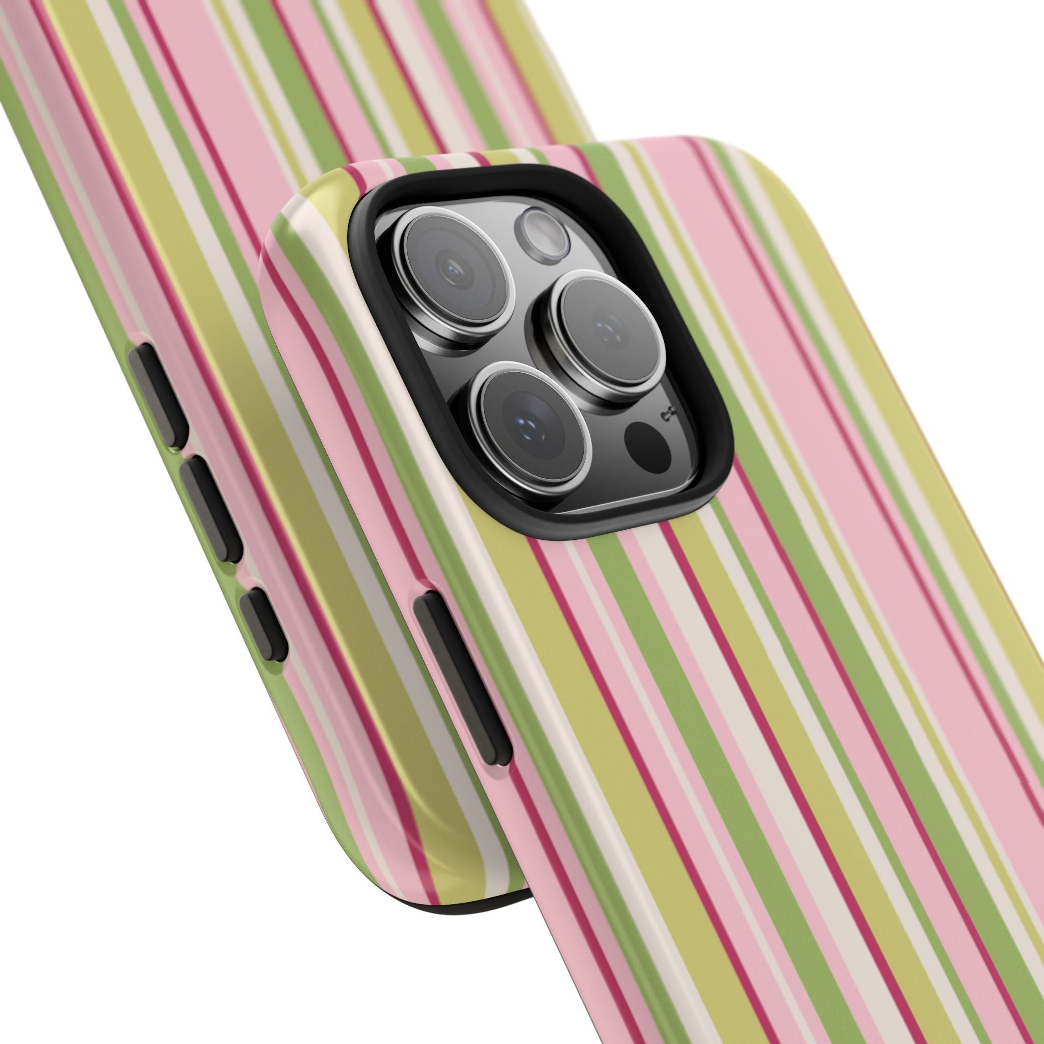 Angled view of minimalist striped phone case with vertical pink, green, and yellow stripes