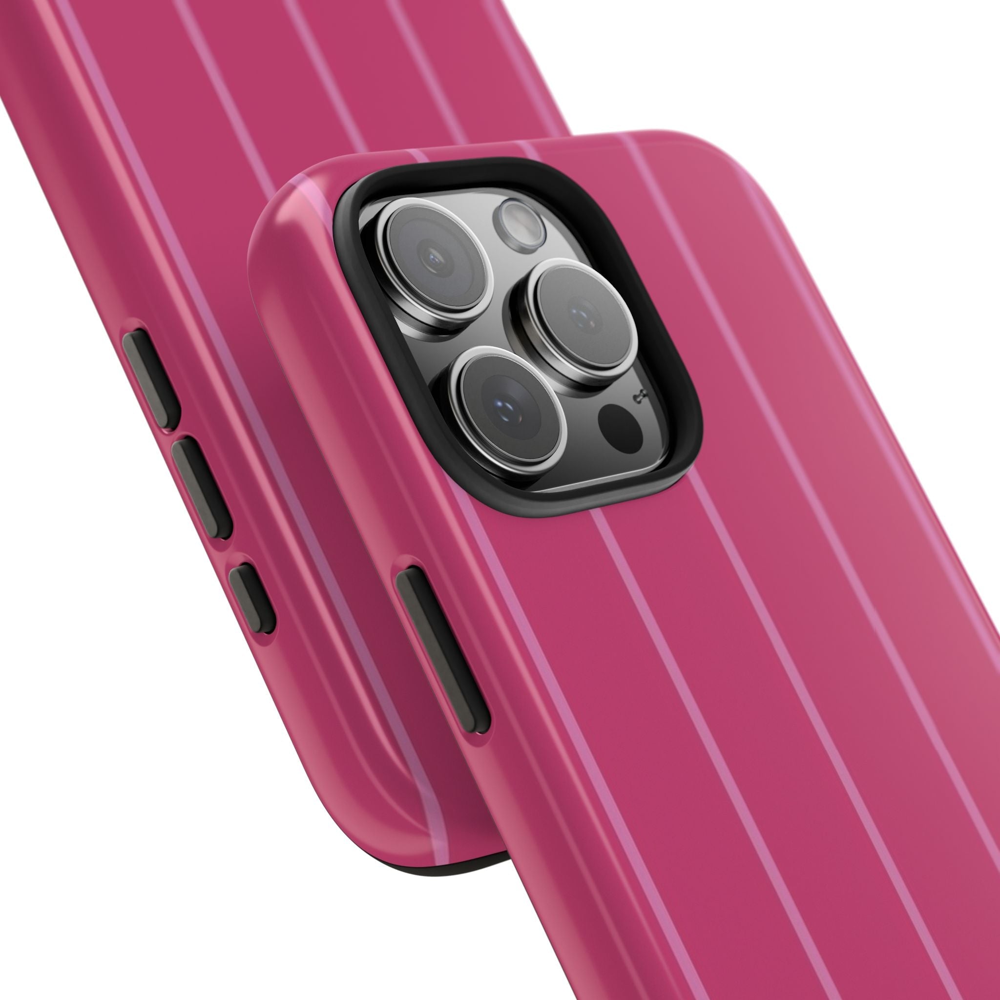 Close-up of poppy pink phone case with minimal vertical stripes and camera lens openings