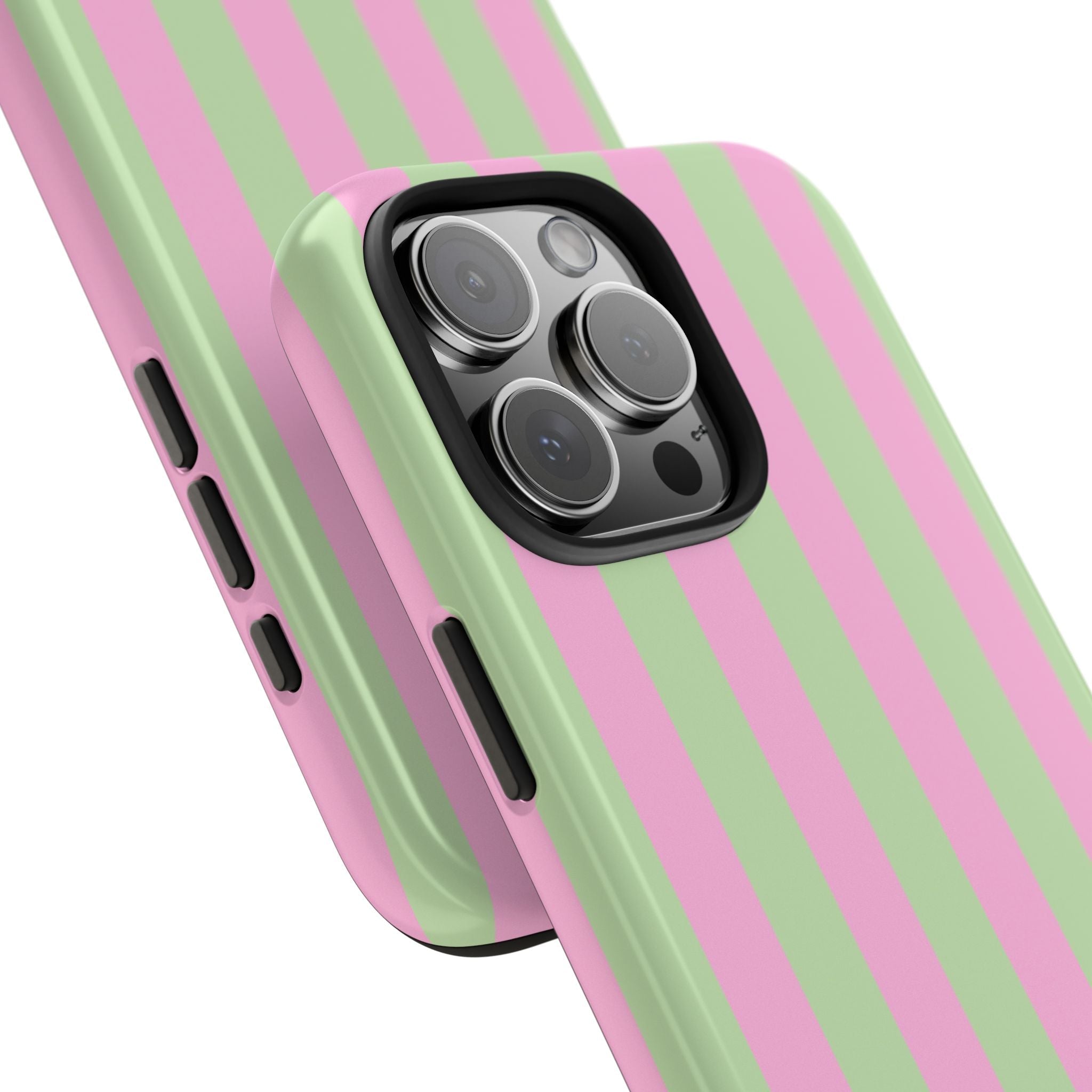 Poppy striped phone case, pink-and-green vertical stripes with raised camera bezel