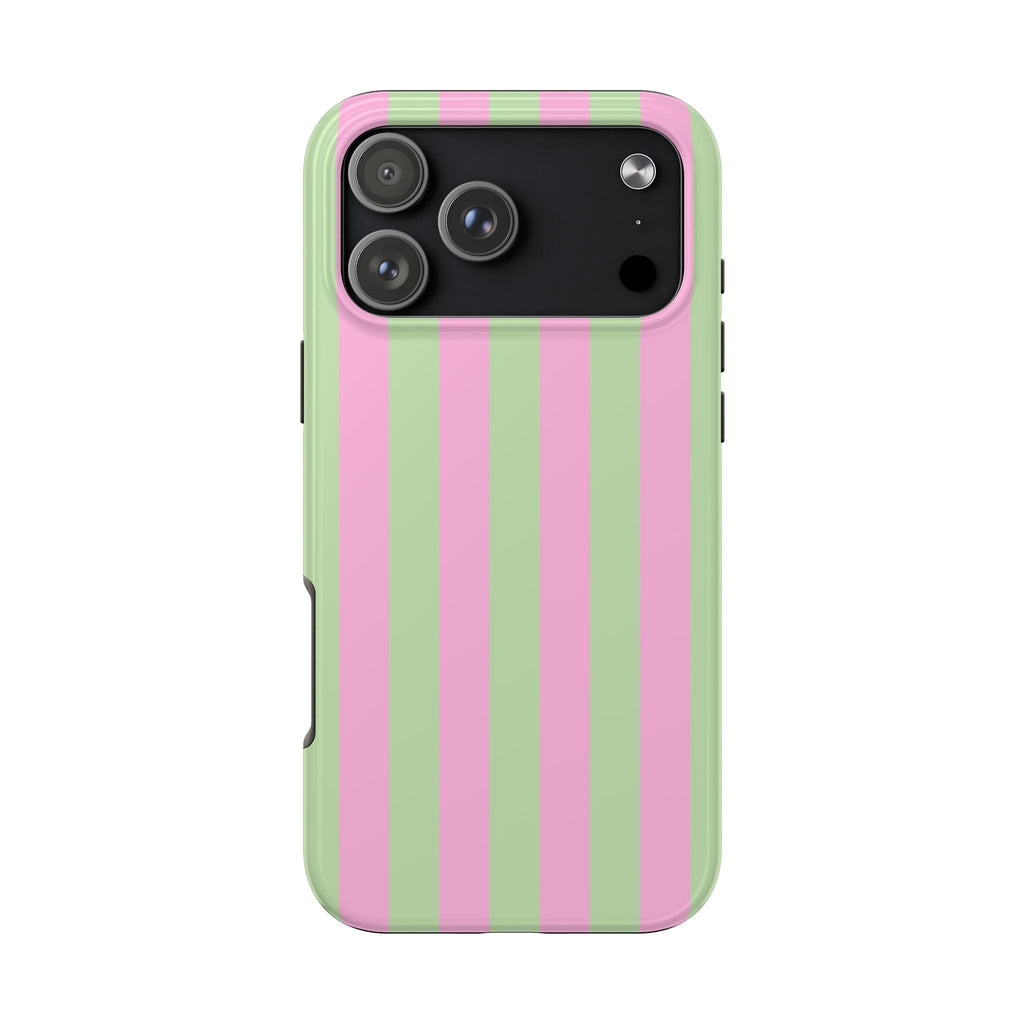 Poppy stripes phone case in vertical pink and green stripes, front camera cutout