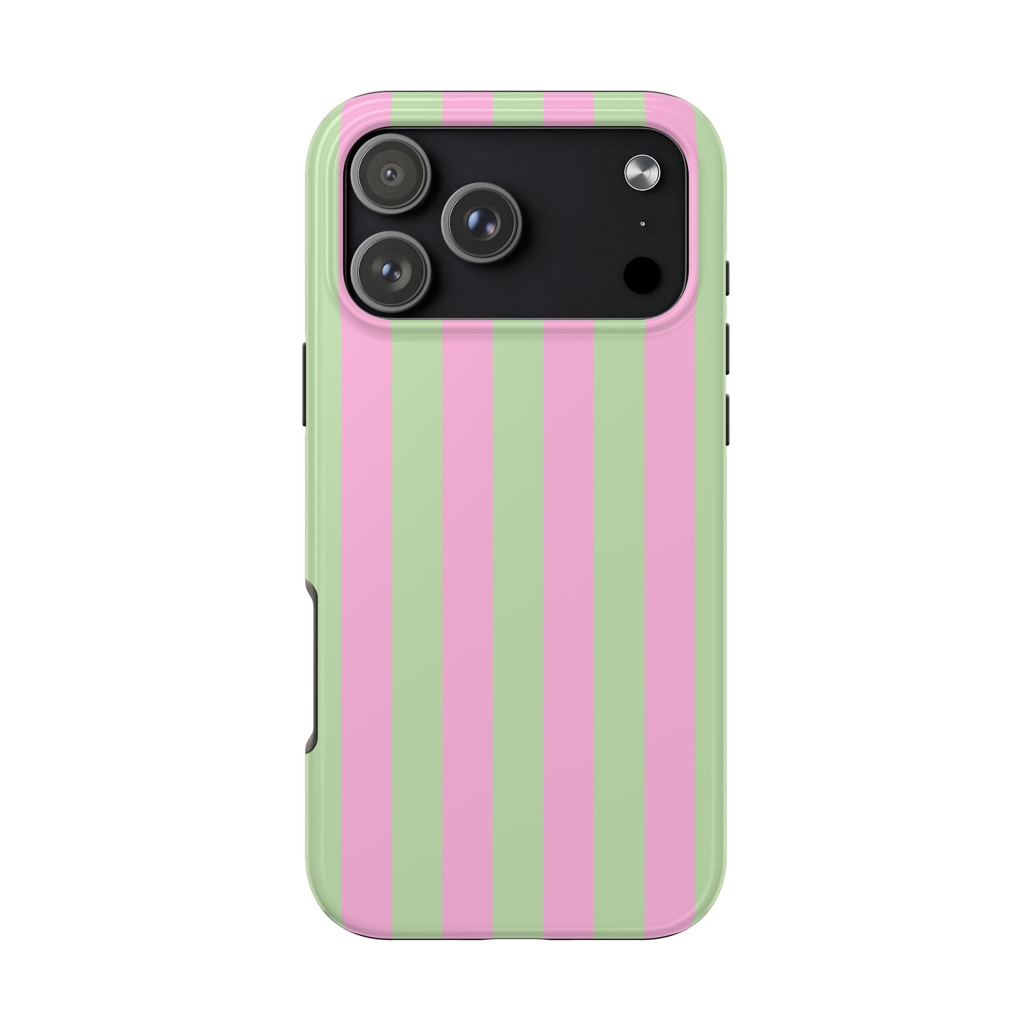 Poppy stripes phone case in vertical pink and green stripes, front camera cutout